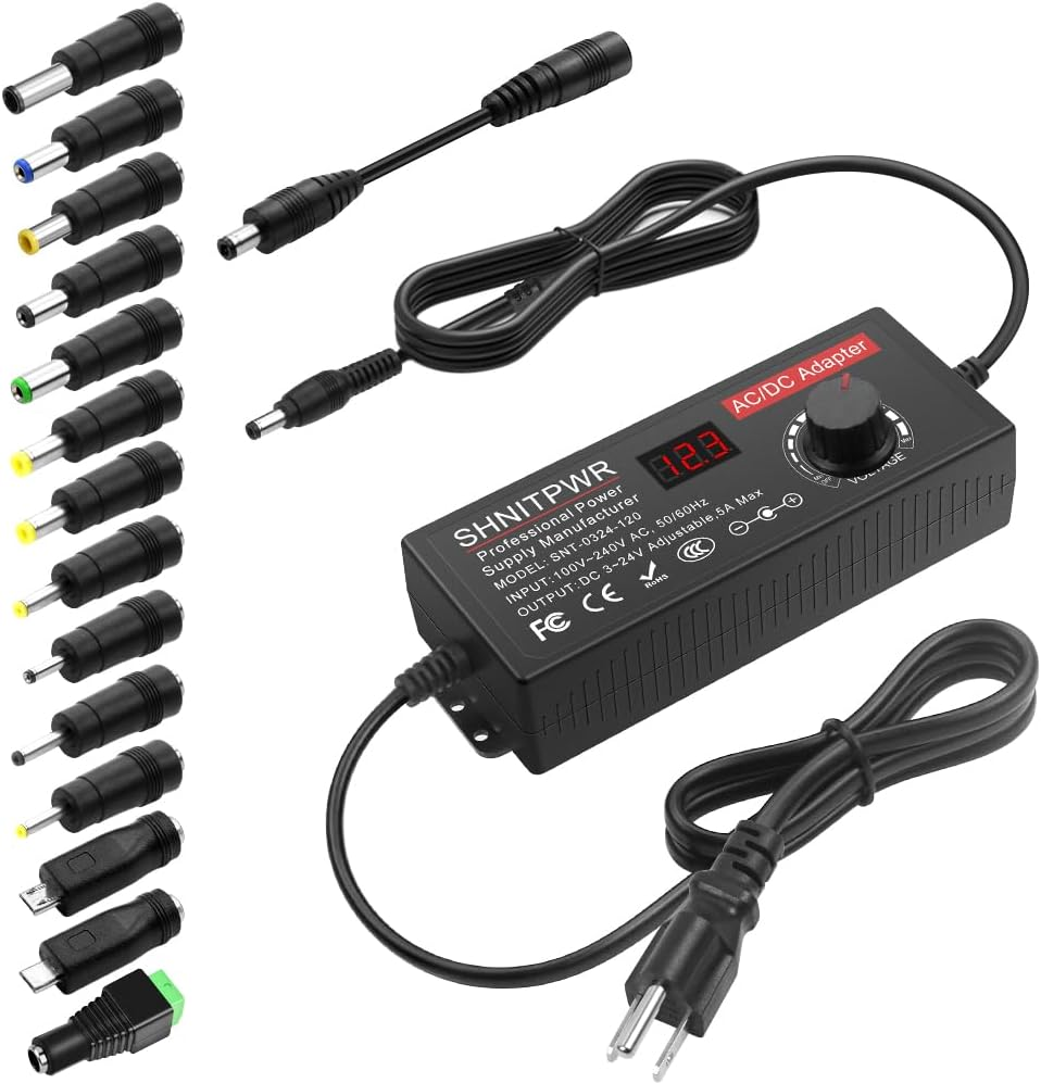 AC Adapter 120W Universal Power Adapter 4V 5V 6V 9V 12V 15V 18V 19V 20V 24V Adjustable Switching Power Supply 100V~240V AC to DC 4V ~ 24V 5A Converter with 14 Tips & Polarity Converter