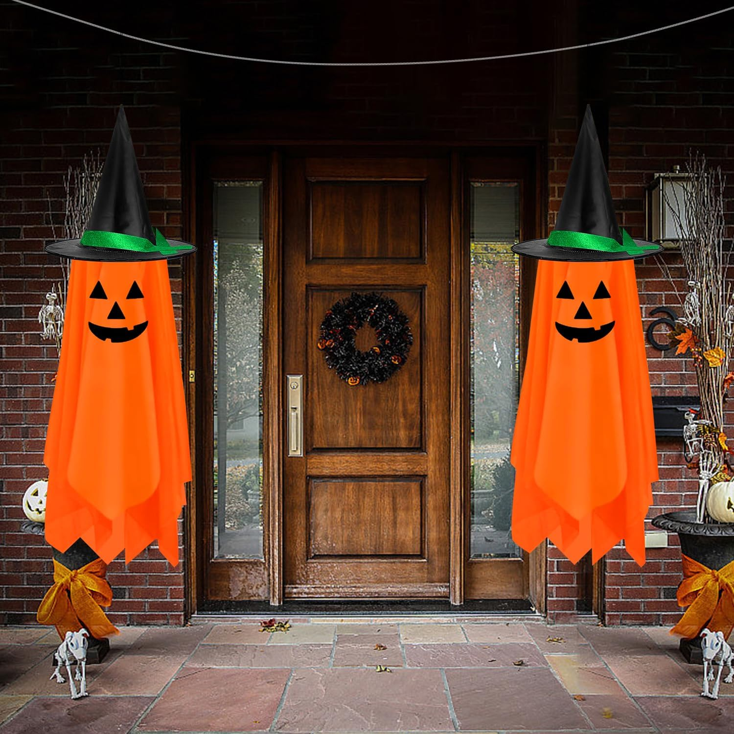 2 Pack Halloween Hanging Decorations Outdoor - Halloween Hanging Pumpkin Decorations Decor Pumpkin Ghost Orange Cute Pumpkin Decorations Decor for Kids Outdoor outside Garden.
