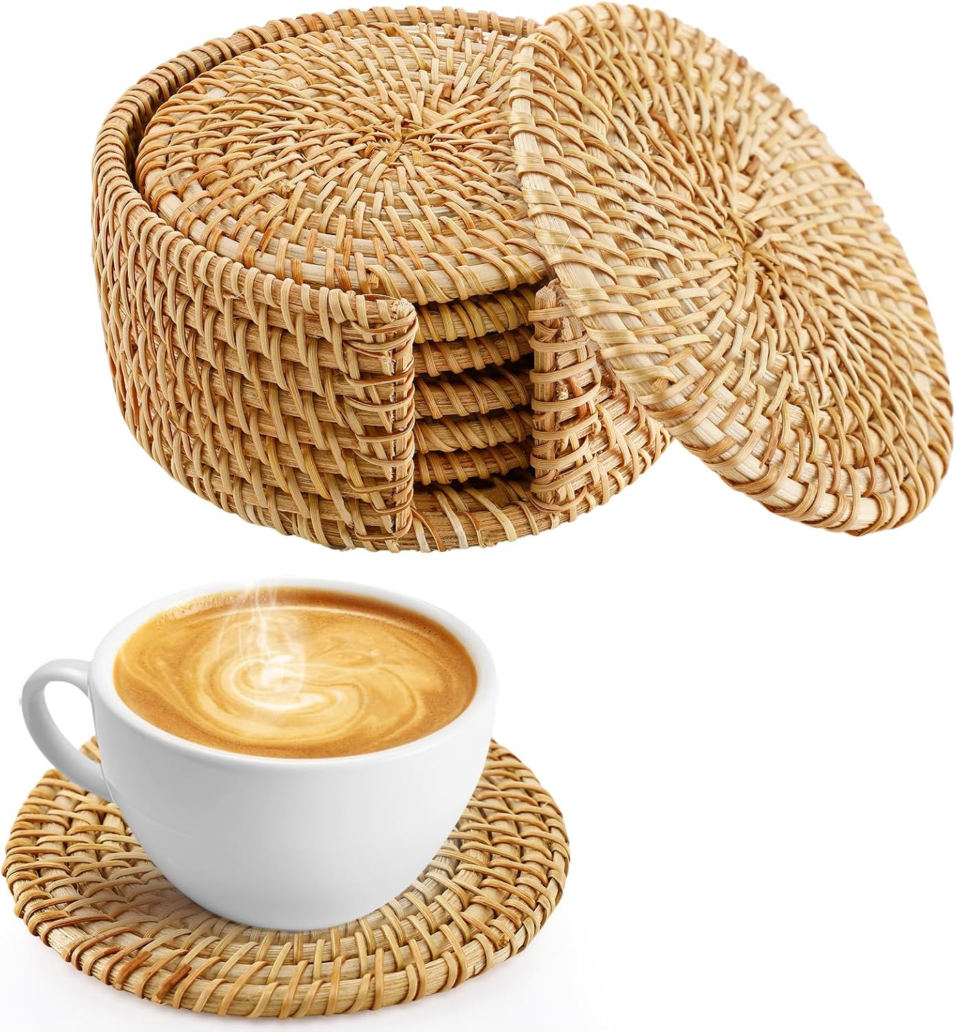 Handmade Rattan Coasters Set of 6 with Holder, Farmhouse Home Decor