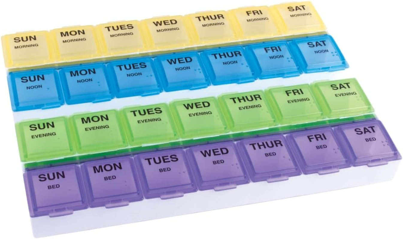 7 Day Pill Organizer 4 Times a Day Weekly Medicine Case Vitamin Planner Box