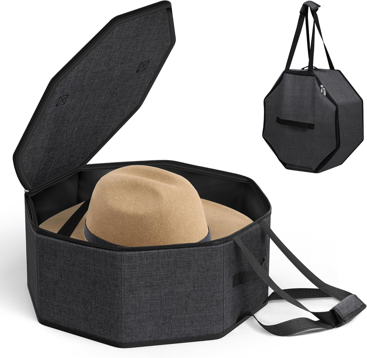 Hat Box for Travel and Storage, Collapsible Cowboy Cap Organizer for Closet with Handles, Hat Boxes for Men and Women Storage Large Cap Case Carrier with Cardbord, Black
