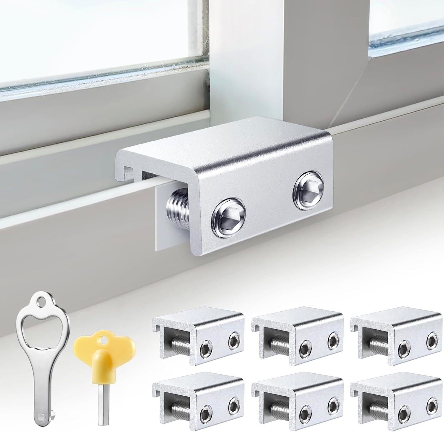 Sliding Window Locks (6 Sets), Security Window Locks with Keys, Adjustable Aluminum Sliding Window Stops, Easy Installation without Drilling, for Vertical and Horizontal Sliding Windows (Silver)