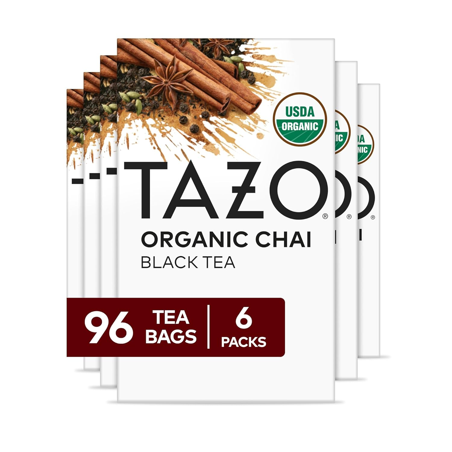 Organic Chai Black Tea Bags, Blend of Black Teas, Ginger, Cinnamon, Black Pepper & Cardamom, 96 Total Tea Bags (16Ct - Pack of 6)