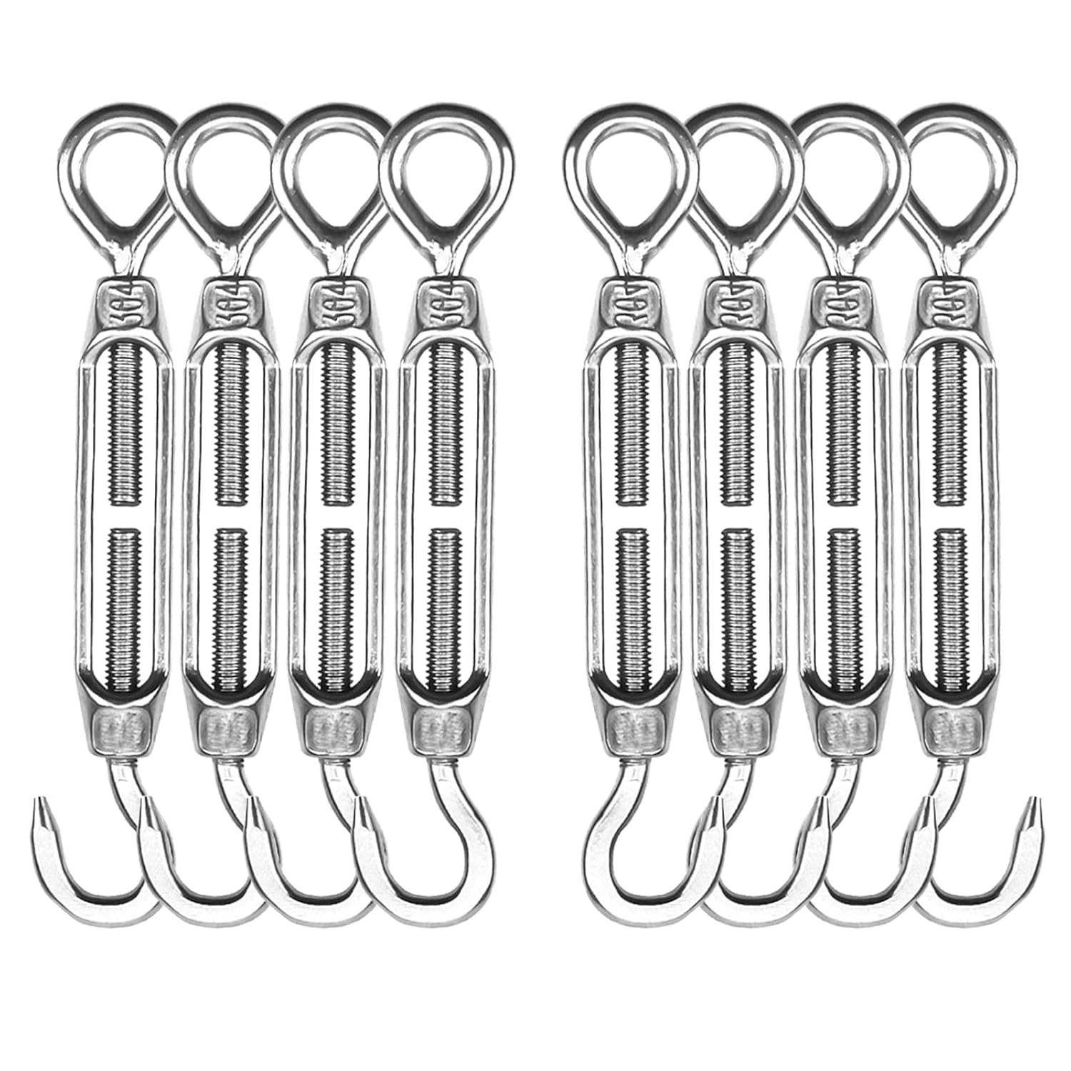 Turnbuckles Hook, Reedny 304 Stainless Steel Turnbuckle Heavy Duty M4 M6 M8 Hook and Eye Turnbuckle for Cables Wire Rope Tension 5/32" 1/4" 5/16" for Sun Shade Fence Tent Rope Installation(M4, 8Pcs)