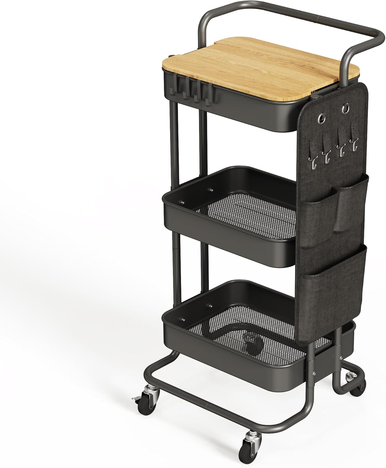 3 Tier Metal Utility Rolling Cart with Table Top and Side Bags, Tray Storage Organizer Wheels, Art Craft 4 Hooks for Kitchen Bathroom Office Living Room (Black)