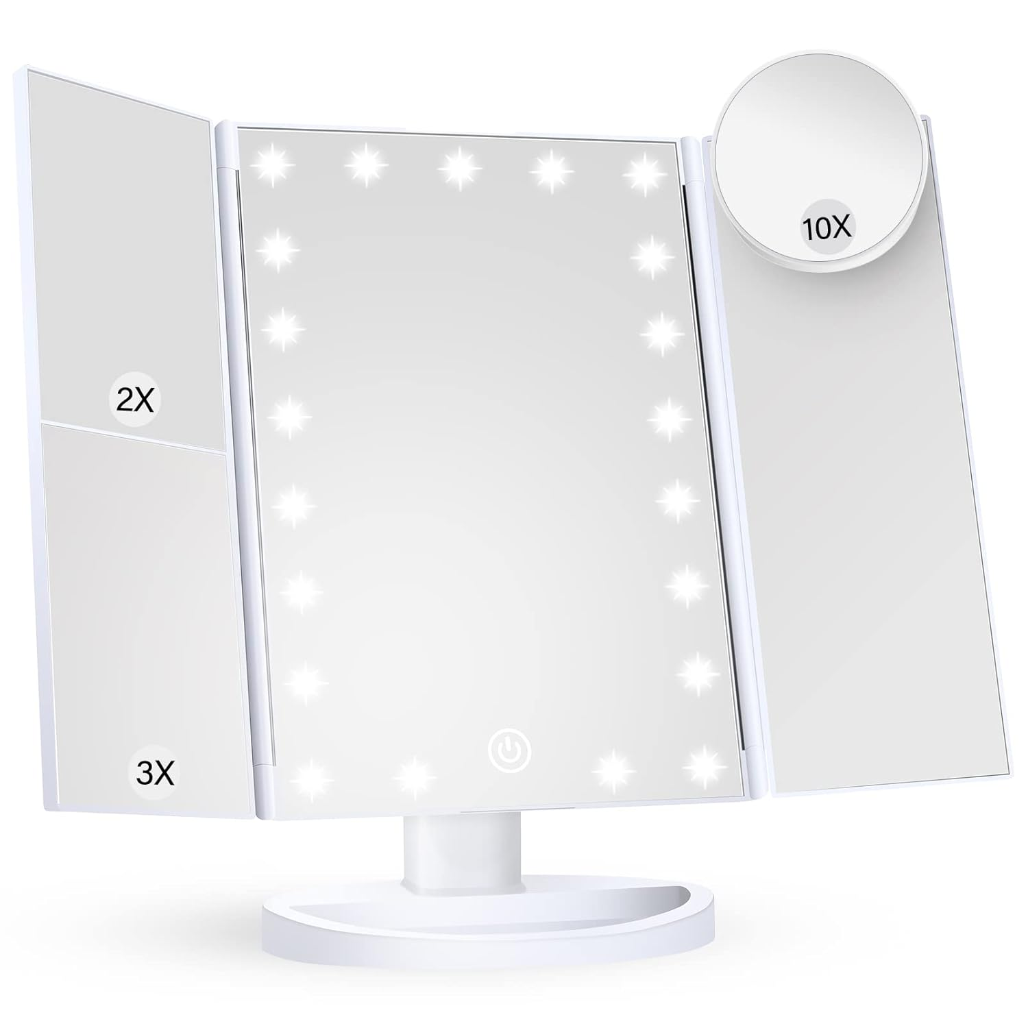 Makeup Mirror Vanity Mirror with Lights, 2X, 3X, 10X Magnification, Touch Control, Trifold, White, 9.4