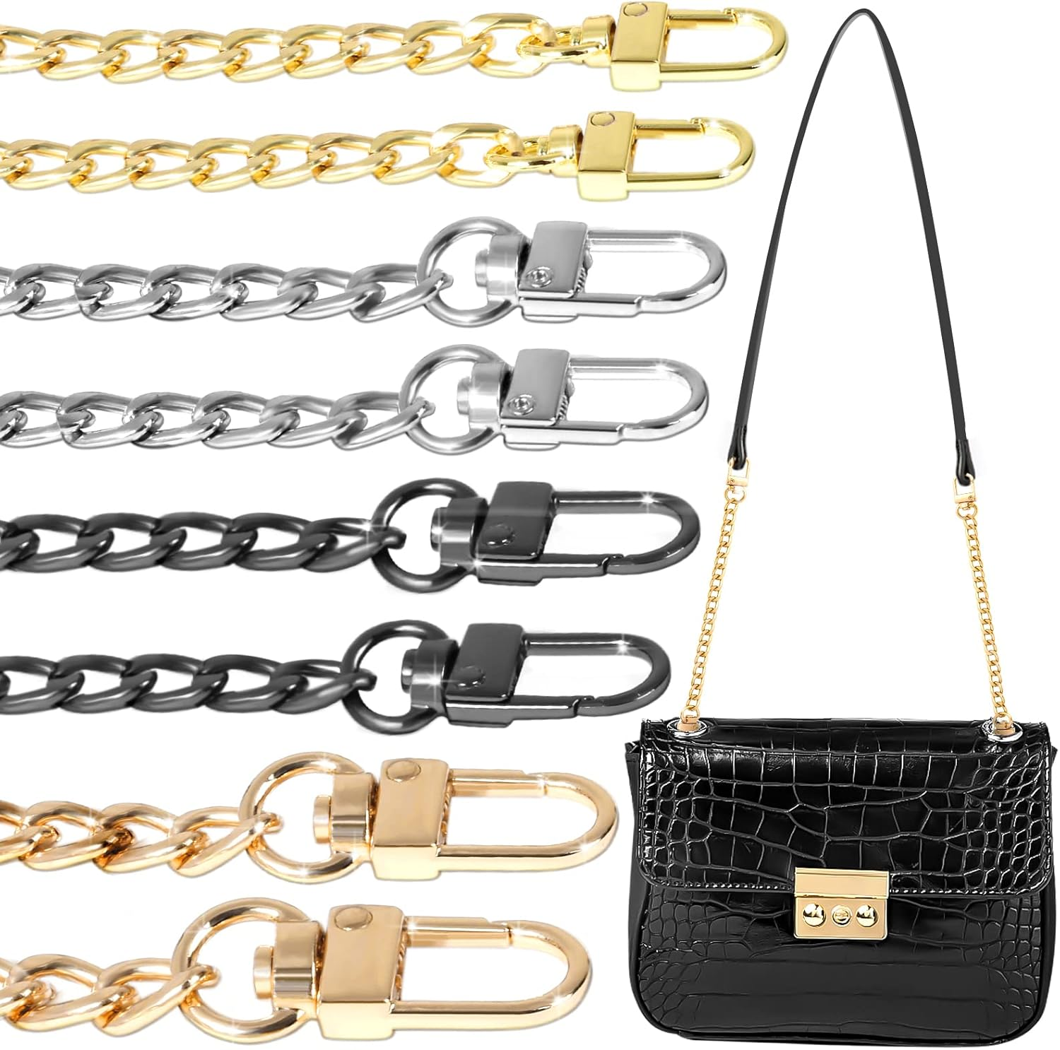 Modacraft 8 PCS Purse Chain Strap Extender, Length 7.9“ Metal Flat Bag Chain Straps Replacement, Easy to Extender for Crossbody Bag Handbag Charms (Champagne Gold, Vintage Black, Light Gold, Silver)