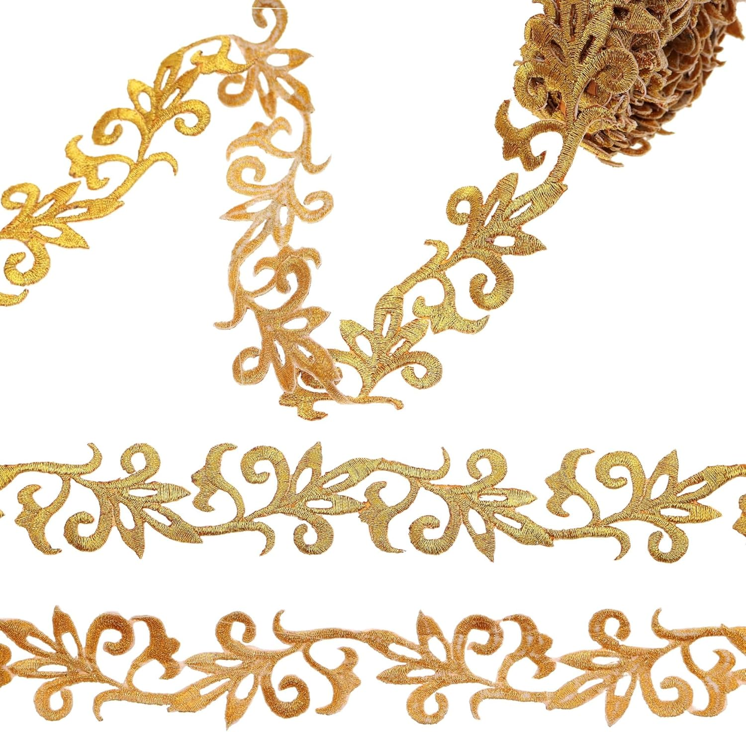 Gold Embroidery Lace Trim Ribbon 4.4 Yards Iron on Metallic Flower Lace Applique for Sewing Repair Dress Hats Accessories Decoration