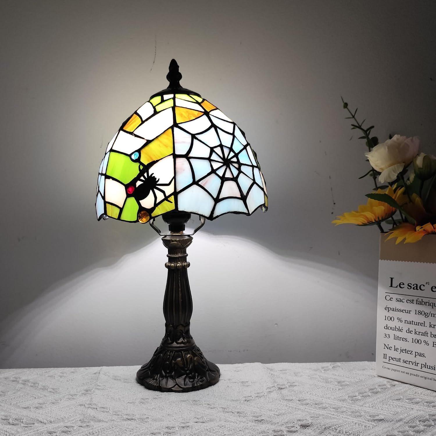 Tiffany Lamp Spider Web Stained Glass Table Lamp Vintage Bedside Desk Light for Halloween, Bedroom, Living Room, Gothic Decor