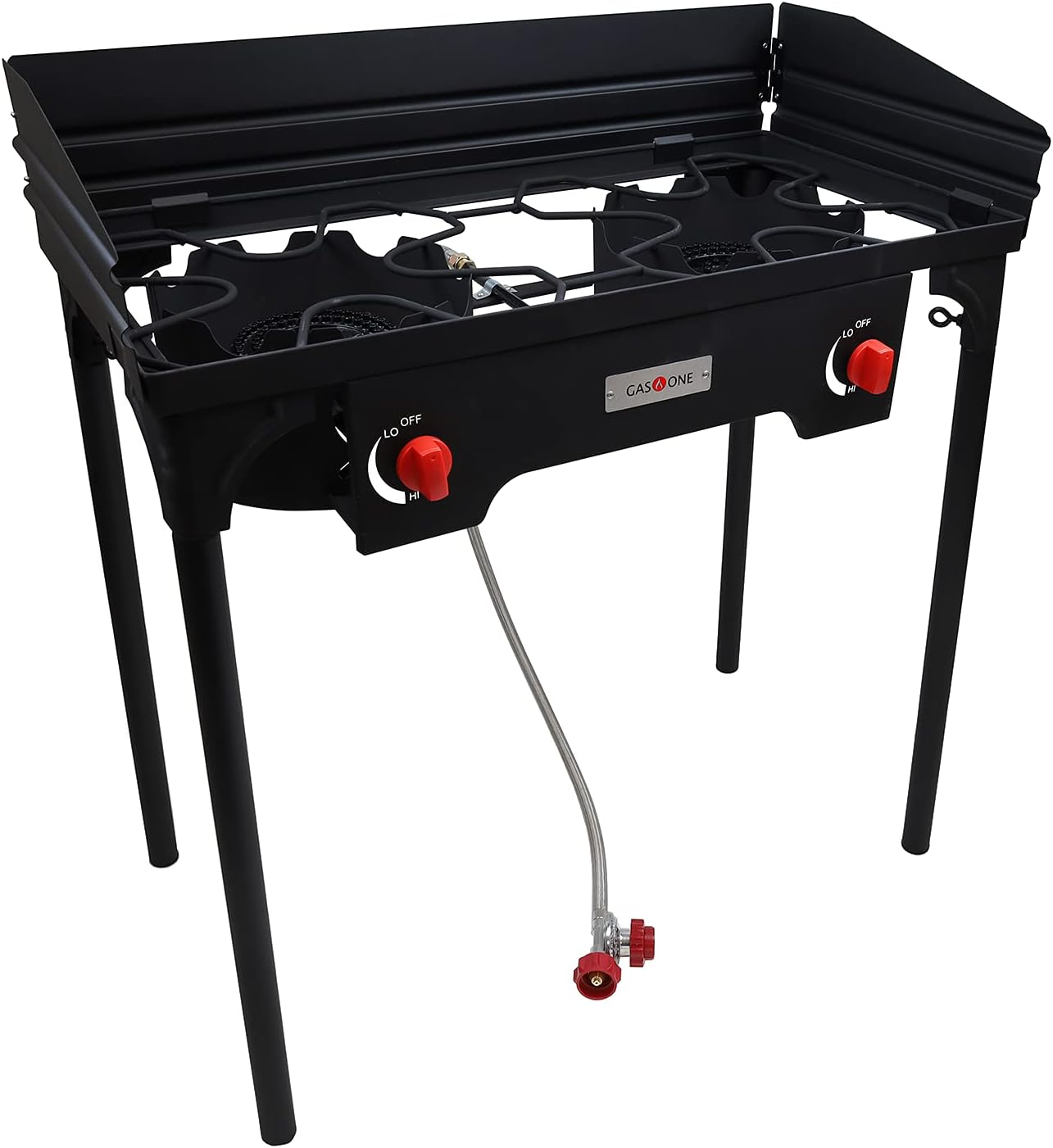 Propane Double Burner Two Burner Camp Stove with Windscreen Outdoor High Pressure Propane 2 Burner Adjustable PSI Regulator and 4Ft Steel Braided Hose with Removable Legs