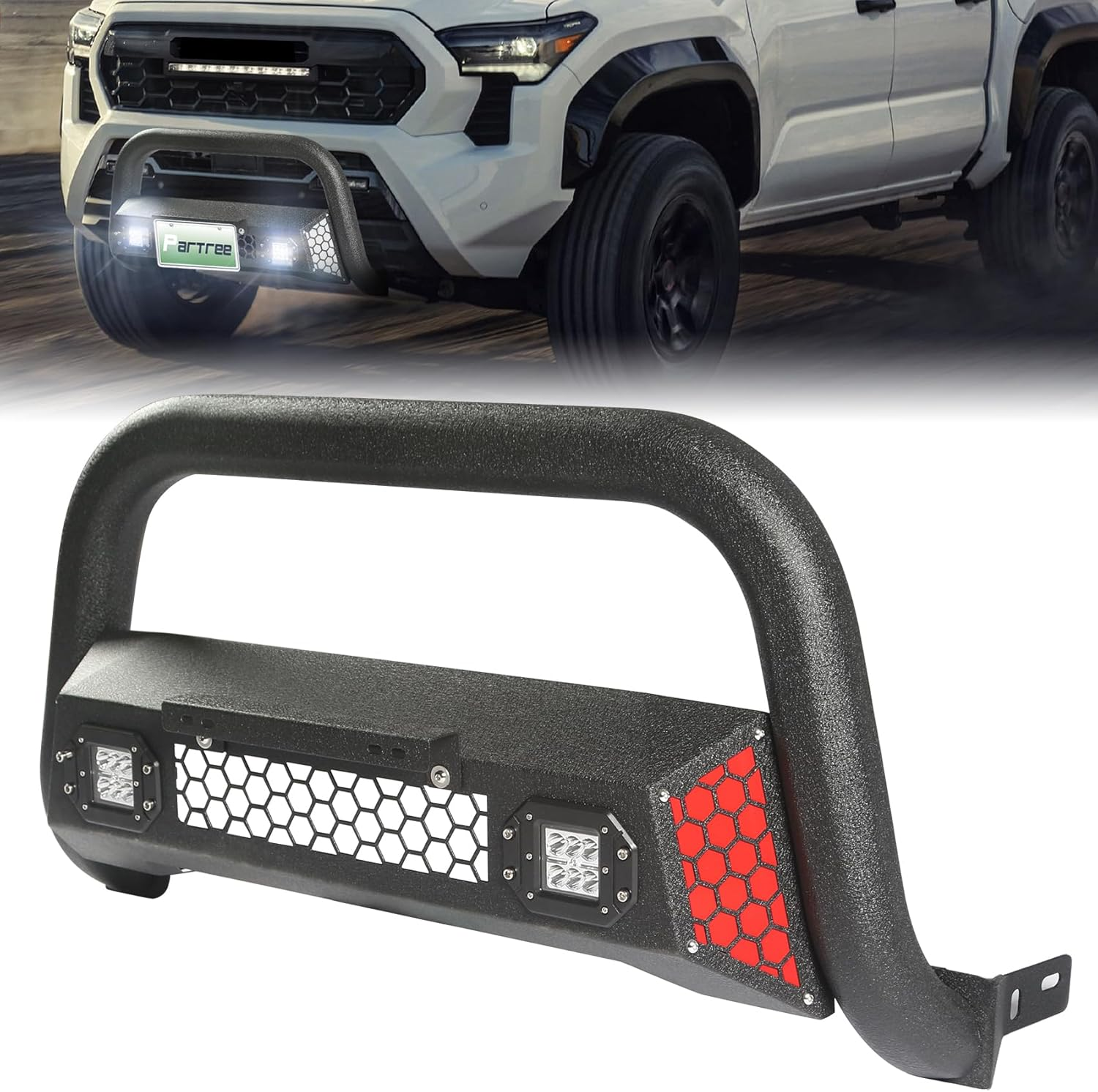 Bull Bar Fit for 2024 2025 2026 Toyota Tacoma with LED Lights & License Plate Bracket Paintable Front Bumper Guard & Grille Protector