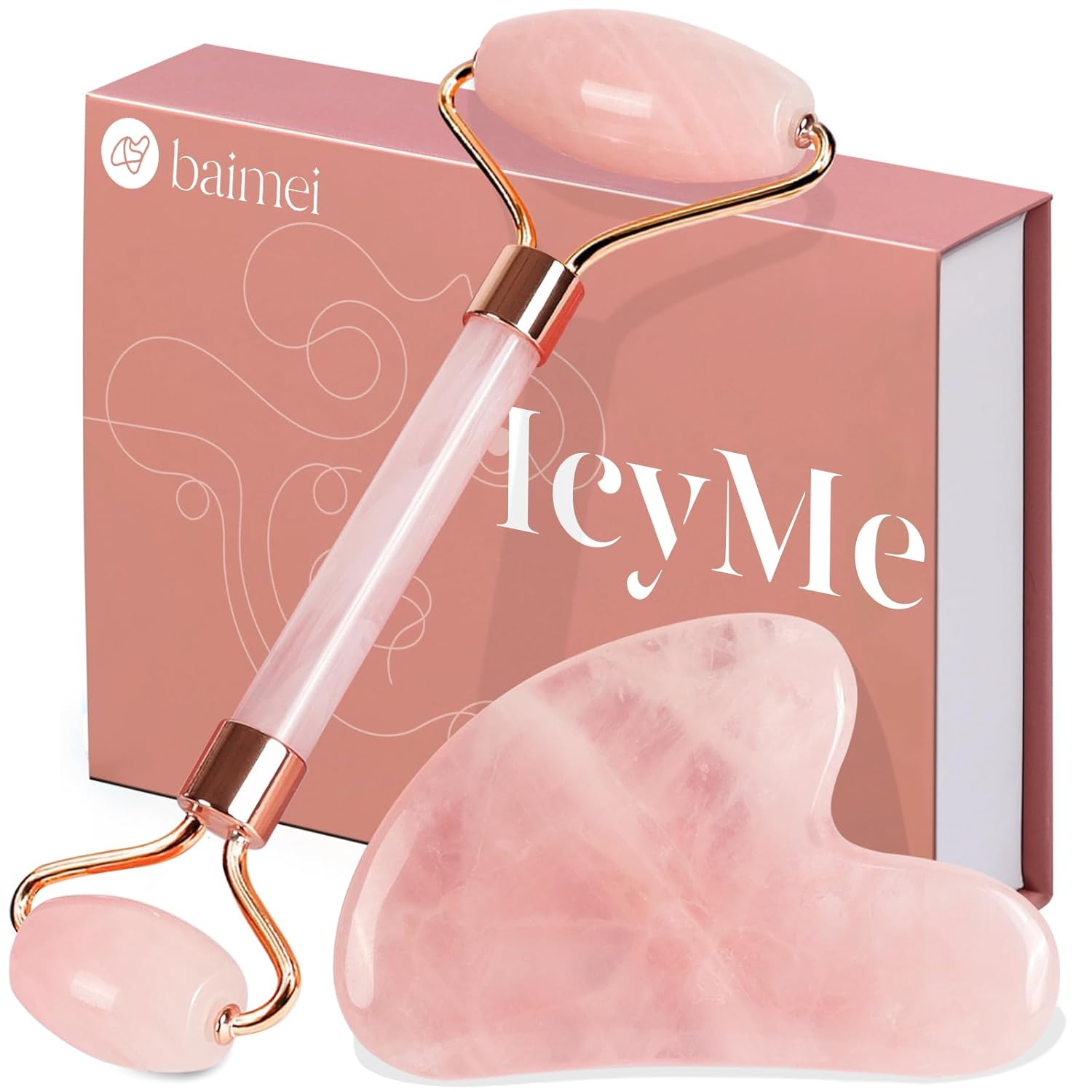 Icyme Jade Roller & Gua Sha Set  Pink  Rose Quartz