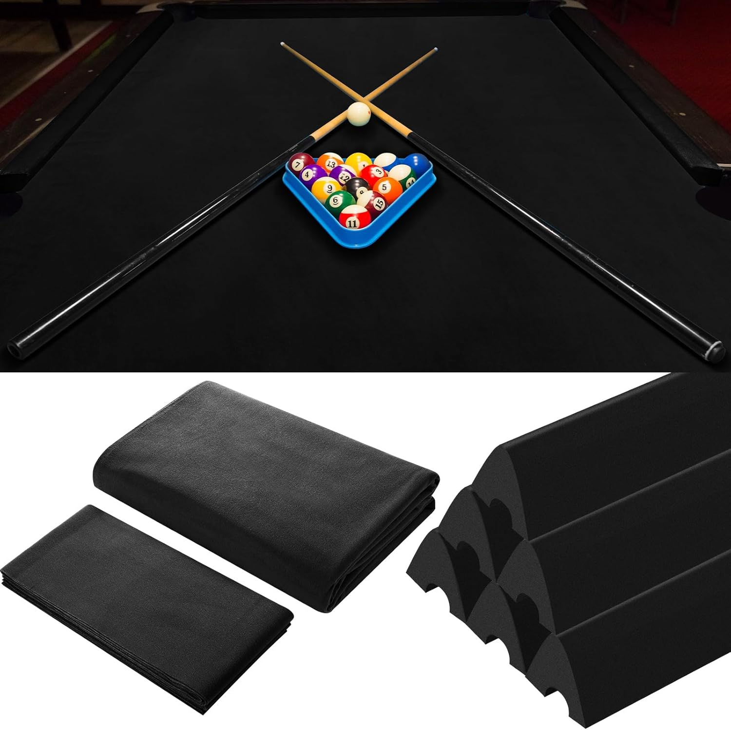 Billiard Cloth for 8 Ft Pool Table Pre Cut Felt with 6 Cloth Strips and 6 Pool Table Rubber Bumpers for Bars, Clubs, Hotels