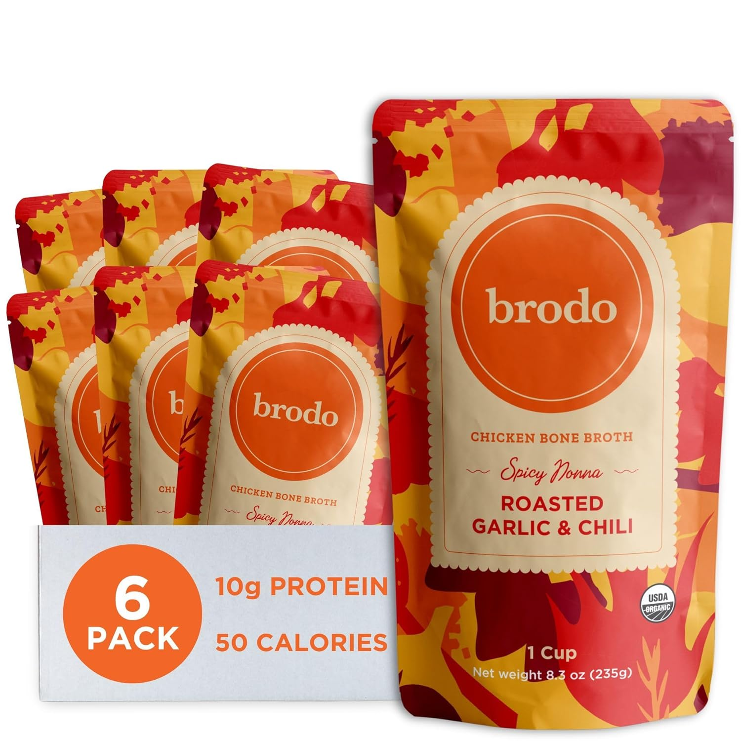 Spicy Nonna Roasted Garlic & Chili Chicken Broth Nutrient Dense, Chef Crafted Bone Broth in Single Serving Pouches Not Made from Concentrate, No Preservatives (6X 8.3Oz Pouches)