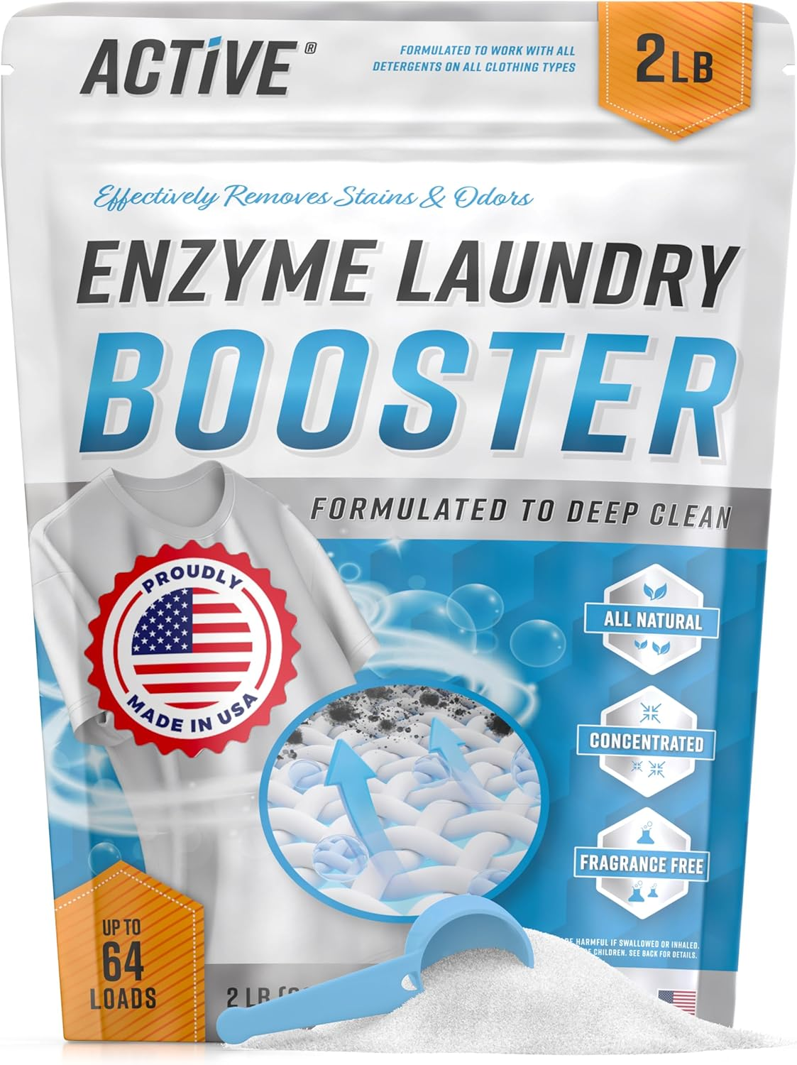 Enzyme Laundry Booster Odor Remover - 2 Lbs Unscented Enzymatic Clothes Stain Cleaner Powder, Natural Deodorizer with Bio  Enzymes, Detergent Additive Eliminator for Sweat, Oil, Blood - 64 Loads