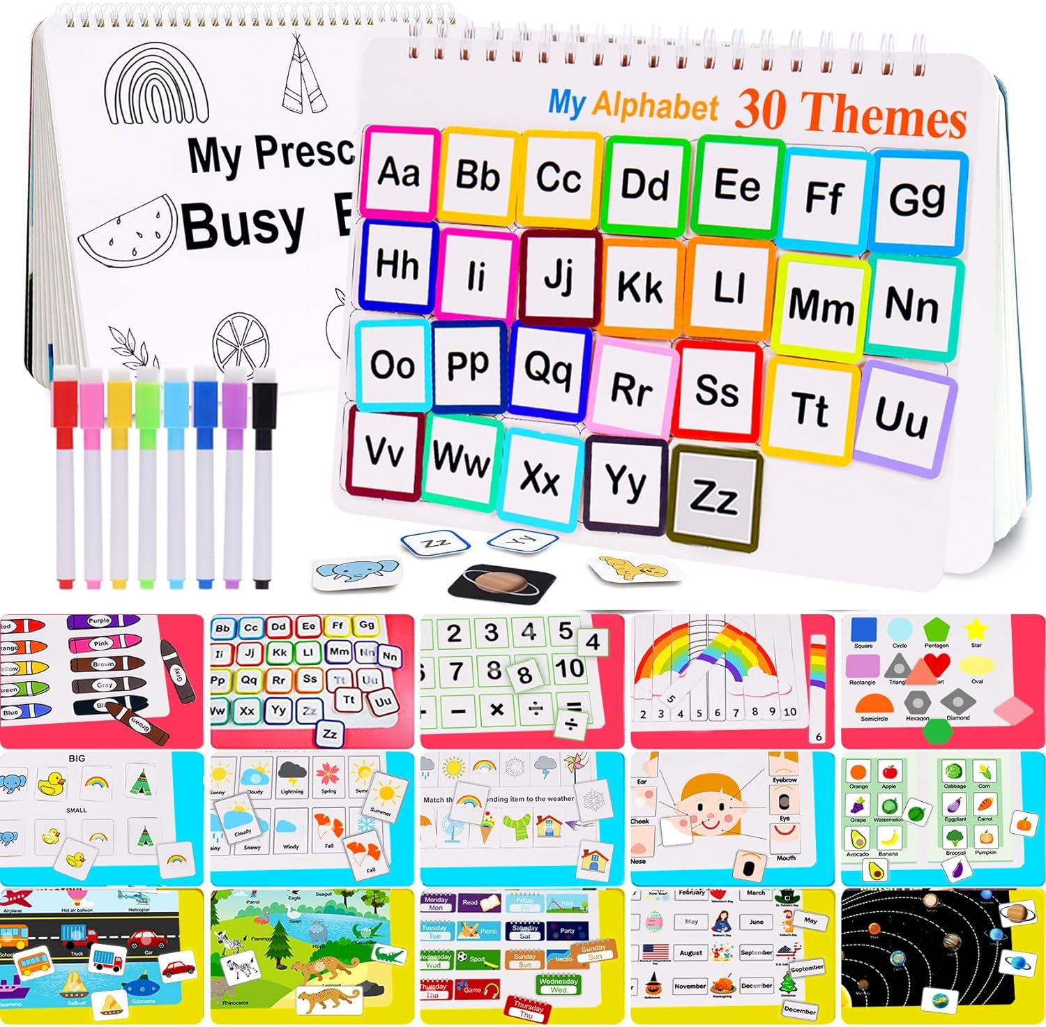 Busy Book for Toddlers 3-5, Montessori Busy Book with 30 Themes and 8 Markers, Kids Binder and Early Learning Toys, Preschool Busy Books for Toddlers, Tracing Coloring Book, Busytots