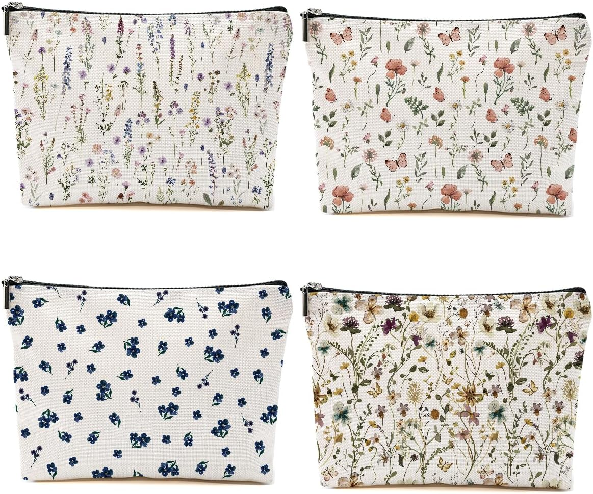 4PCS Floral Makeup Bags for Women, Cute Flower Aesthetic Travel Toiletry Bag, Co
