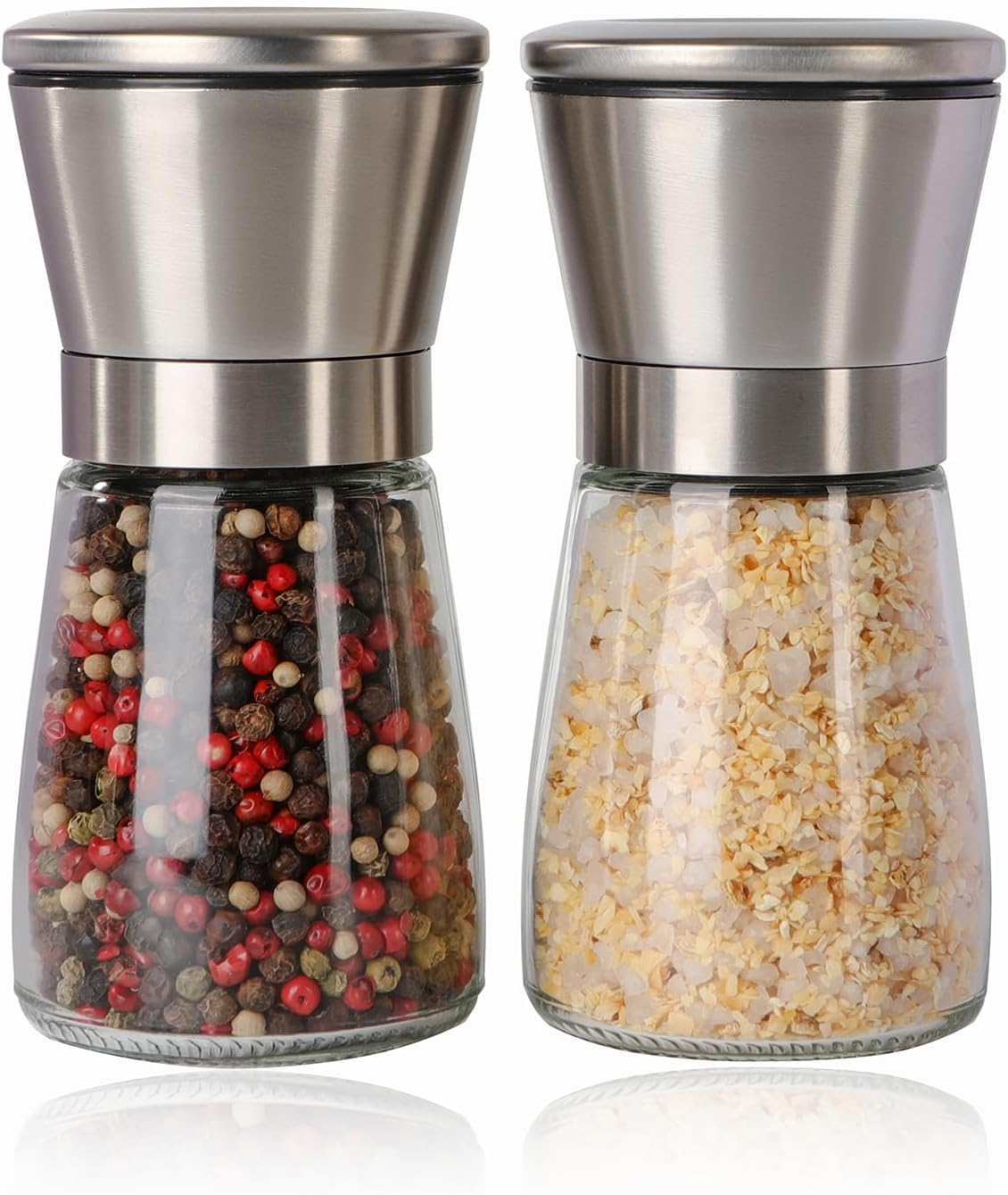 Salt and Pepper Grinder Set Refillable, Salt Pepper Grinder Shaker Stainless Steel Glass Pepper Mill with Adjustable Coarseness