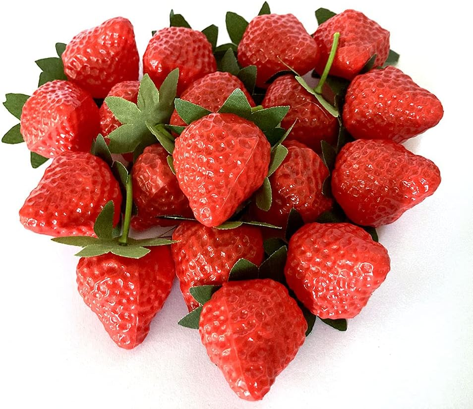 18PCS Plastic Artificial Red Strawberries Fake Lifelike Simulation Realistic Strawberry Artificial Fruits Decoration Photography Prop for Home Kitchen Decoration