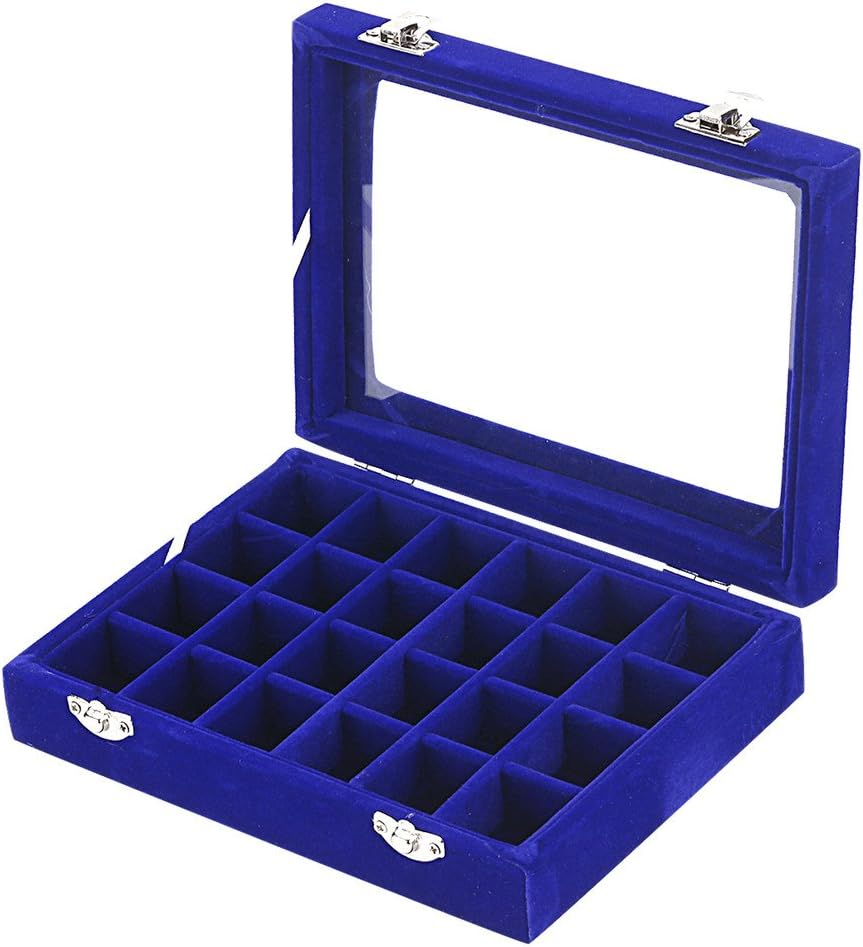 Mejell 24 Slot Velvet Glass Jewelry Box Organizer Rings Earrings Tray Display Storage Case