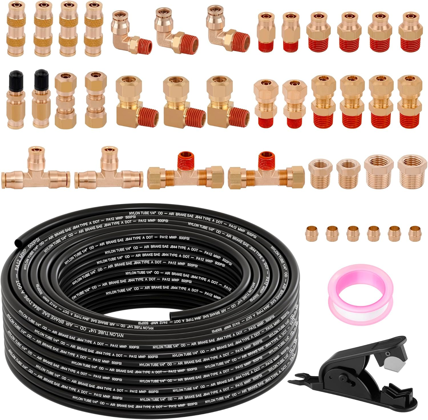 43Pcs 100FT 1/4 DOT Air Line Brass Fittings Kit 1/4