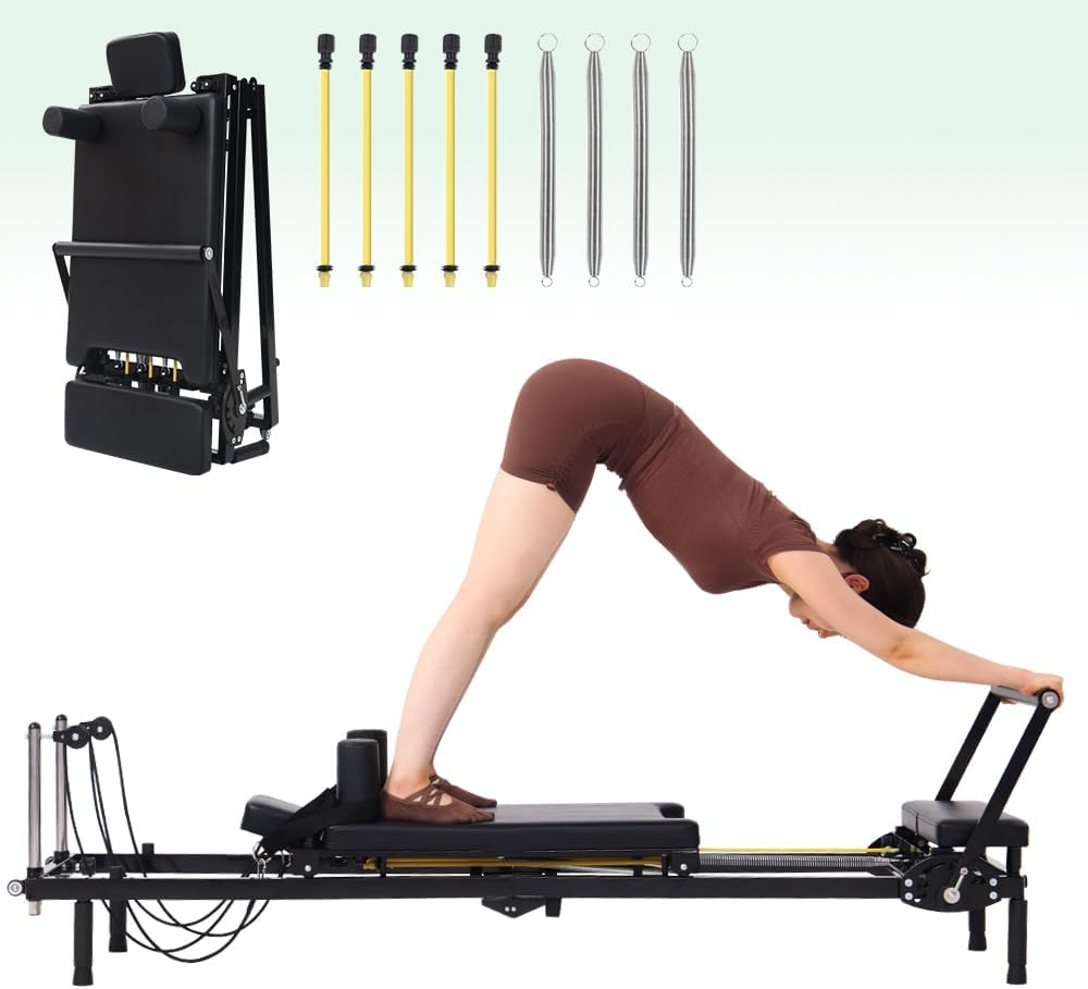 Foldable Pilates Reformer Machine, Dual Resistance with Springs and Cords, Pilates Equipment for Home and Gym Use, Suitable for Advanced and Beginners Users, up to 400 Lbs Capacity