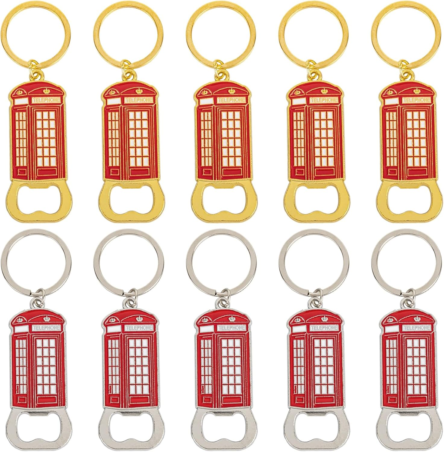 10 Pack Vintage Bottle Opener Keychain British Style Phone Booth Shape Beer Openers for Bar Party (Silver, Gold)