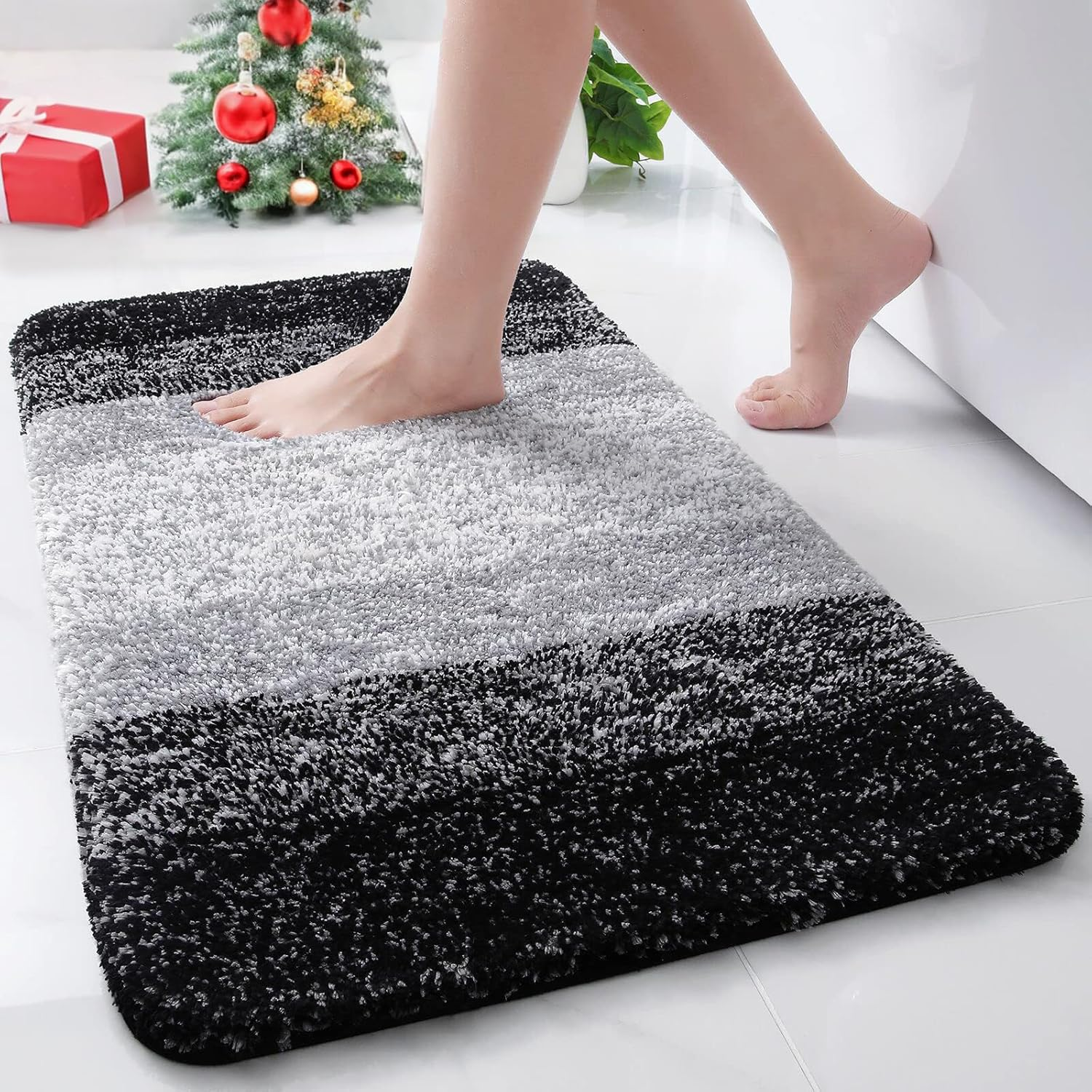 Microfiber Bathroom Rugs, Shaggy Soft and Absorbent Bath Rug, Non-Slip, Thick Plush Machine Washable Dry Bath Mats for Bathroom, Tub and Shower, 24x16, Black, Rectangular