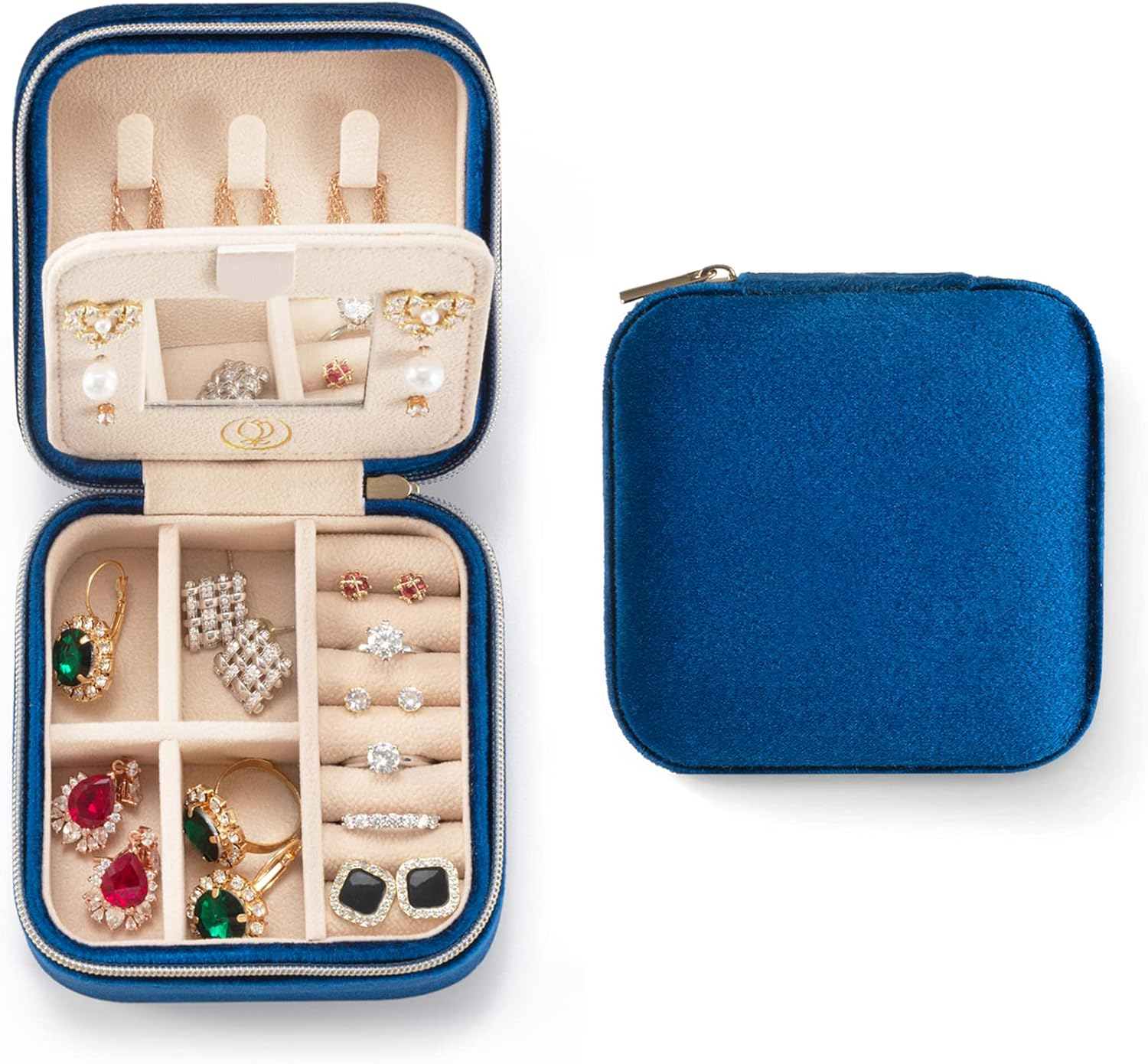 Plush Velvet Travel Jewelry Case, Travel Jewelry Organizer, Jewelry Travel Case, Travel Jewelry Box, Small Jewelry Case for Women, Jewelry Travel Box, Earring Organizer with Mirror - Navy Blue
