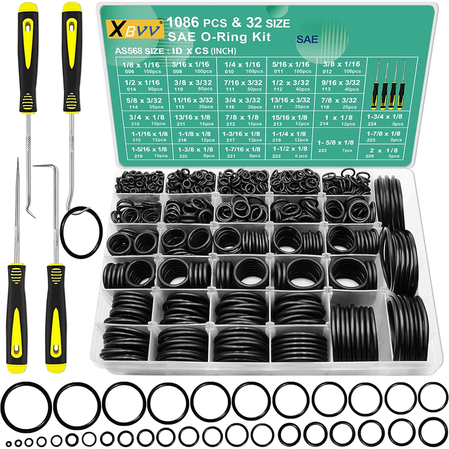 32 Size SAE O Ring Assortment Kit 1086 Pcs Standard Buna-N Rubber O'Ring Set with 4 Pick & Hook for Automotive Hydraulic Faucet Plumbing Sealing Repair ID:1/8-2 Inch