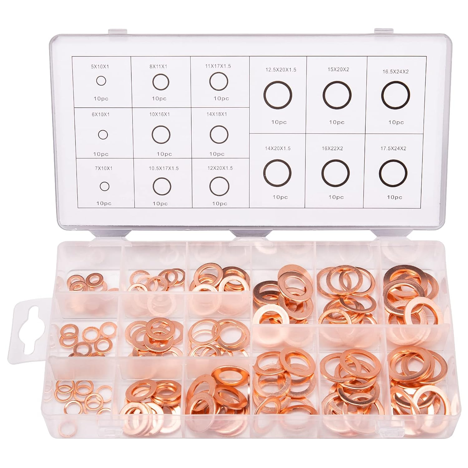 150PCS 15 Sizes Copper Washers Metric Sealing Assortment Set Flat Ring Sump Plug Crush Washer Oil Drain Plug Gasket Seal Assortment Set M5/6/7/8/10/10.5/11/12/12.5/14/15/16/16.5/17.5