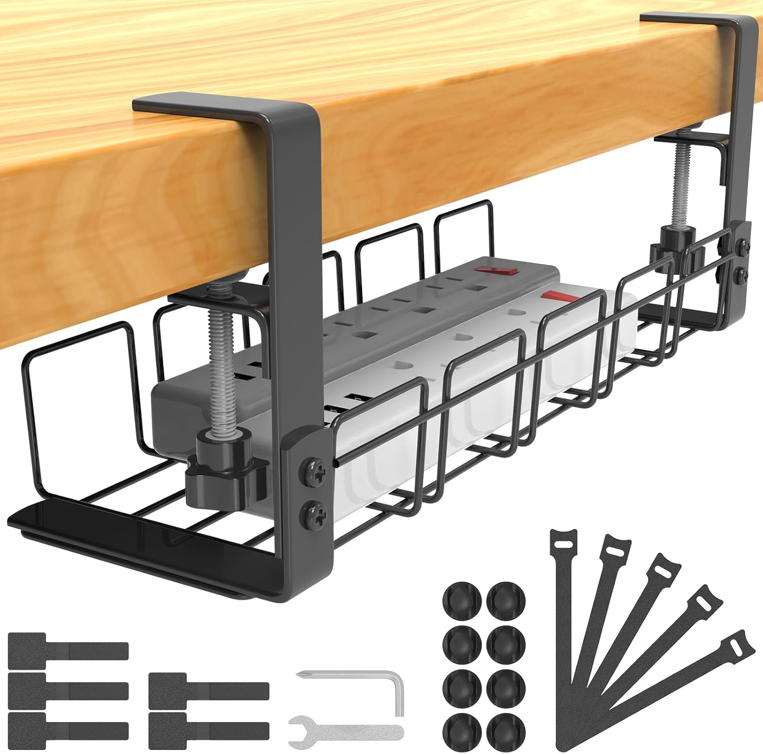 Cable Management under Desk Tray No Drill, Table Cable Basket for Power Strips and Cables, No Screws Tidy Wire Organizer Clamp for Home, Office, Kitchen and Standing Desks, Black
