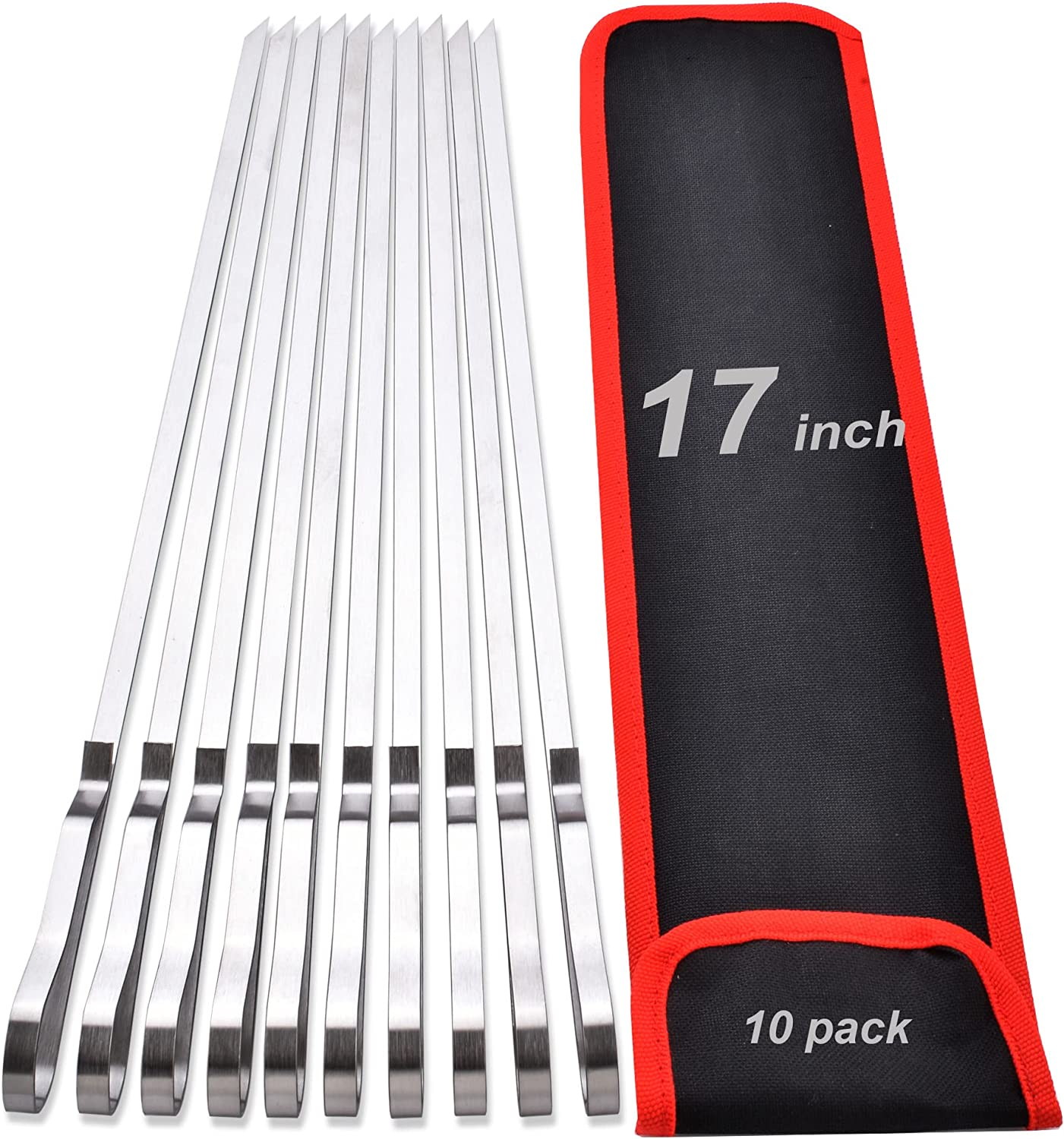 17 Inch Long Stainless Steel Skewers for Kabobs, Flat Shish Kabob Barbecue Skewers with Storage Bag - Metal BBQ Skewers for Grilling Meat, Chicken, Shrimp, Vegetables - 10 Pack