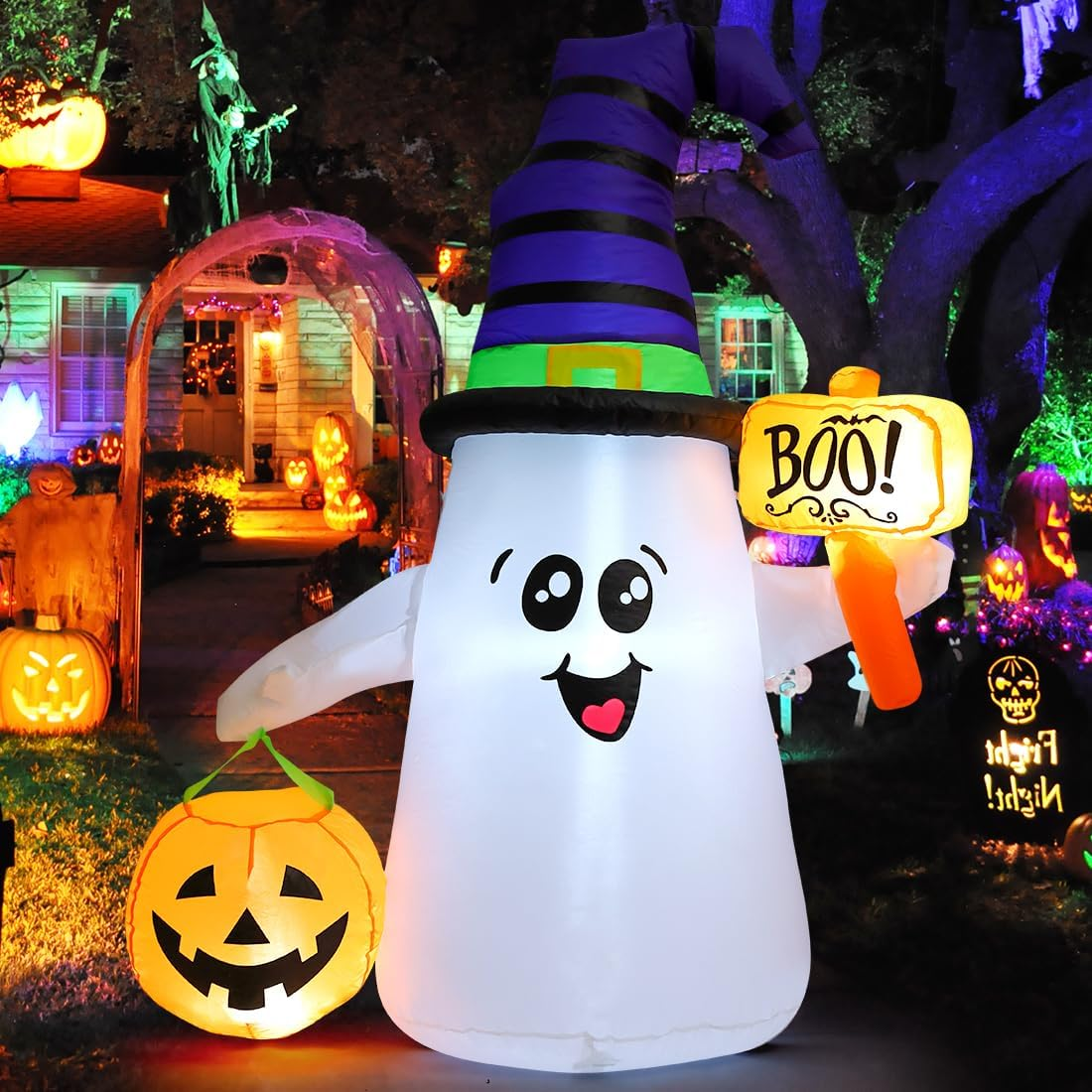 GOOSH 5 FT Halloween Inflatables Ghost Outdoor Decorations Blow up Yard Cute Wizard Ghost with Pumpkin with Built-In Leds for Garden Lawn Indoor Party Holiday Decor
