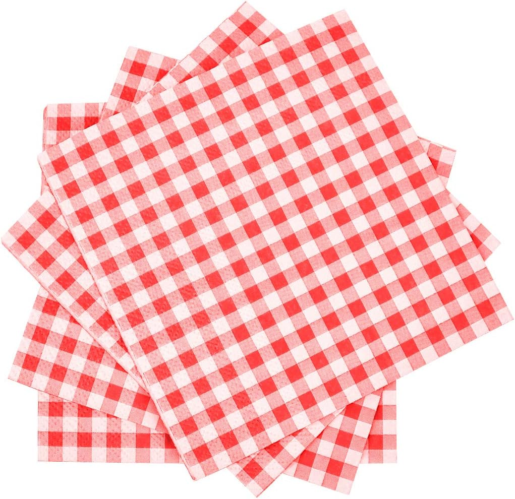 Cocktail Napkins 3-Ply 80PCS Red and White Gingham Disposable Paper Napkins Beverage Napkins for Restaurant Bar Picnic Birthday Party