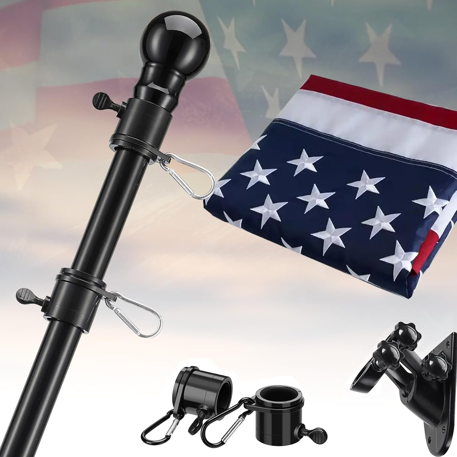 Flag Pole Kit with 3X5 Embroidered American Flag, 5Ft, Tangle Free, Black
