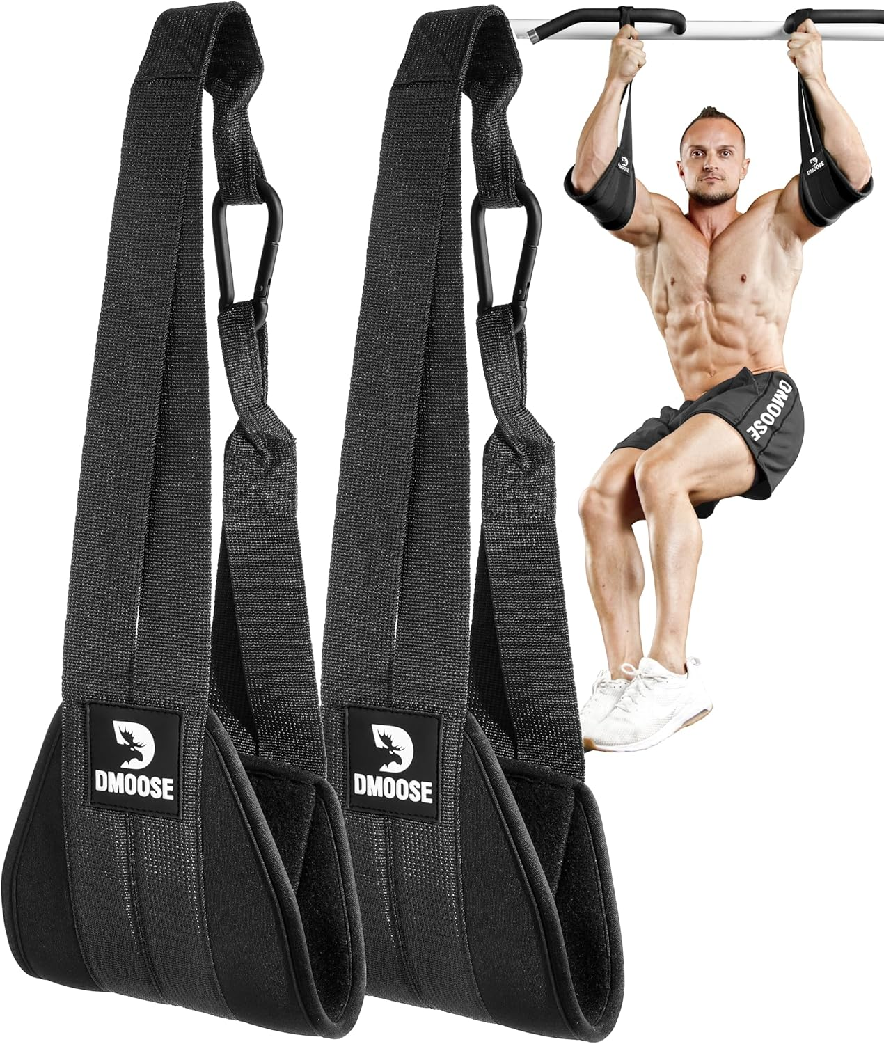 Dmoose Fitness Hanging Ab Straps for Pull up Bar & Core Strength Training - Soft Padded Exercise Straps for Ab Swing & Leg Raises, Hang Bar Strap with 2 Steel Carabiners - Abs Equipment for Home & Gym