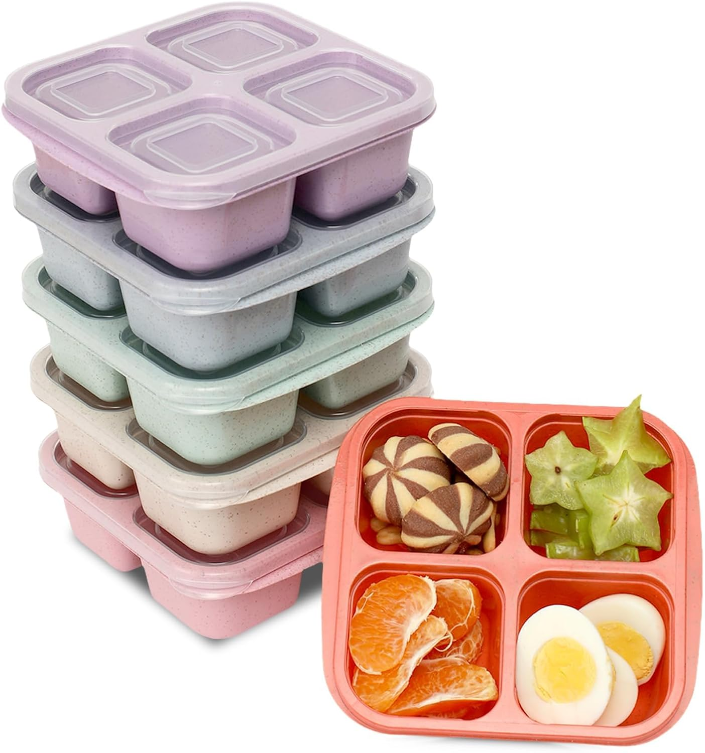 6 Pack Meal Prep Containers, 4 Compartment Bento Snack Boxes, Reusable Divided Lunch Box Containers