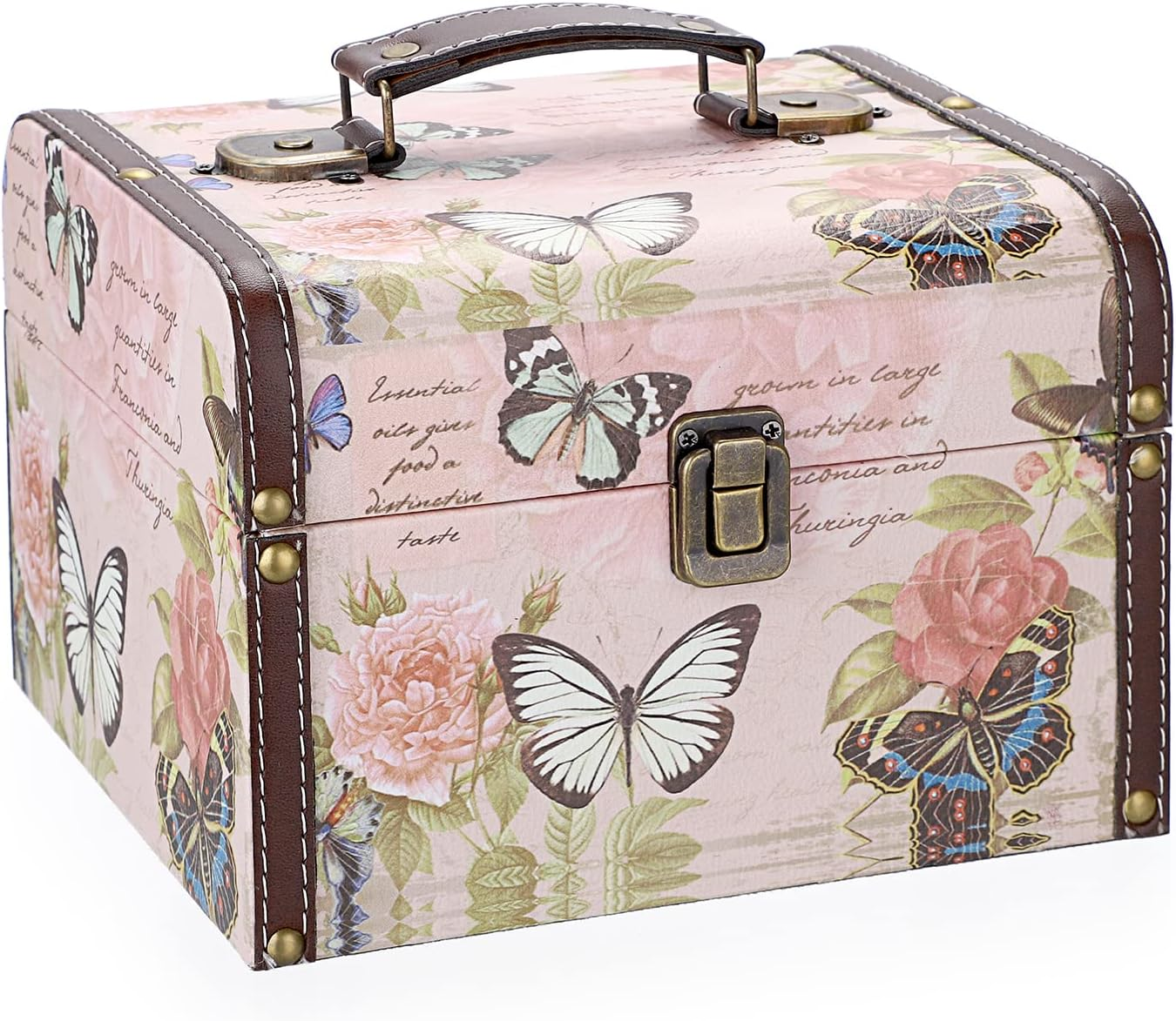 Decorative Treasure Chest Box, Wooden + PU Leather Storage Box for Jewelry Trinkets, Keepsakes Box for Girls Women Gifts (Butterfly Pattern, Large)