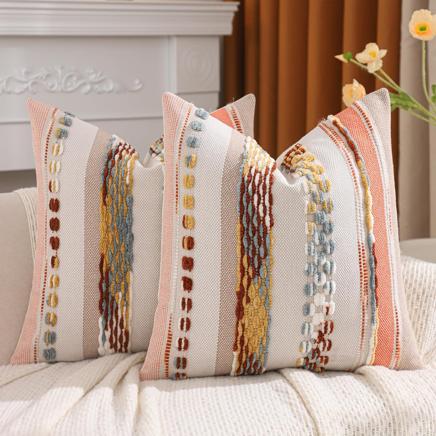 Boho Tufted Throw Pillow Covers 18x18 Set of 2 Striped Decorative Pillow Cases Accent Chenille Pillowcases Farmhouse Cushion Case Bohemian Nuetral Textured Pillow Cover,Orange