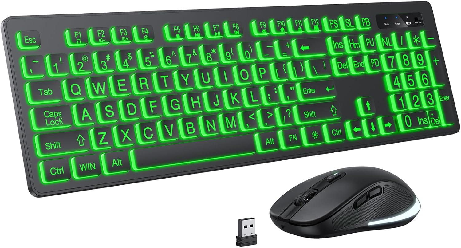 Large Print Wireless Keyboard and Mouse - 7 Colors Backlit Keyboard, Oversize Letters Keys Easy to See and Type, Rechargeable Keyboard and Mouse with Light up Key, Compatible for PC, Windows, Gaming