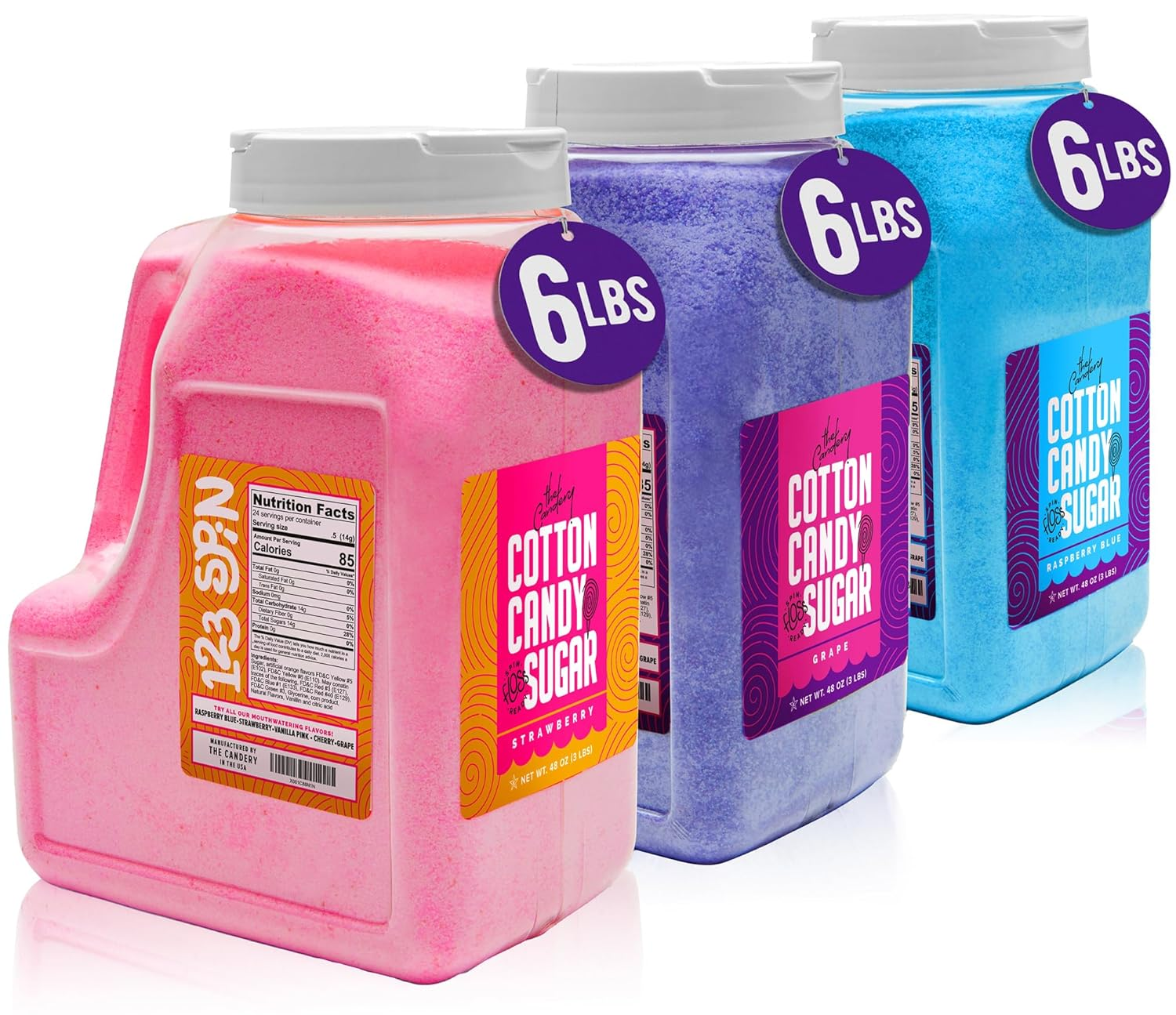 The Candery Cotton Candy Floss Sugar 6Lbs 96Oz Jars- 3 Pack Strawberry, Raspberry Blue and Grape Easy Pour Easy Grip Reusable Jars