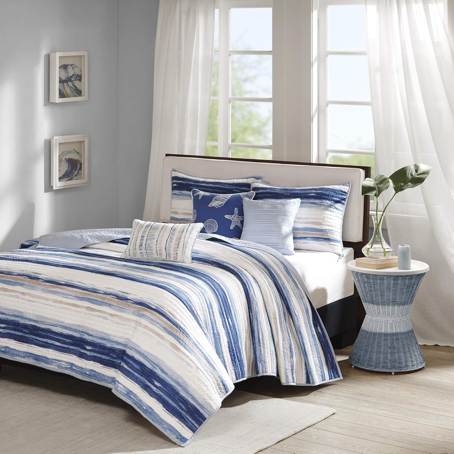 Quilt Set Cottage Coastal Design, 6 Piece Set - All Season, Coverlet Bedspread Lightweight Bedding Layer, Shams, Toss Pillows, King/Cal King(104