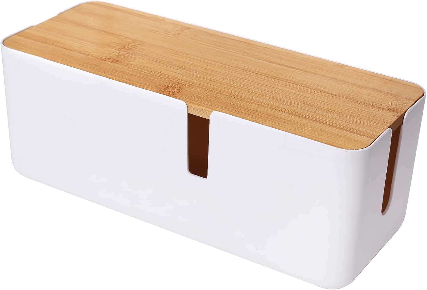 Petite Boîte De Gestion Des Câbles Avec Couvercle En Bambou Pour Rallonge, Bande D'Alimentation, Protection Contre Les Surtensions, Organisateur De Cache-Cernes (Blanc)