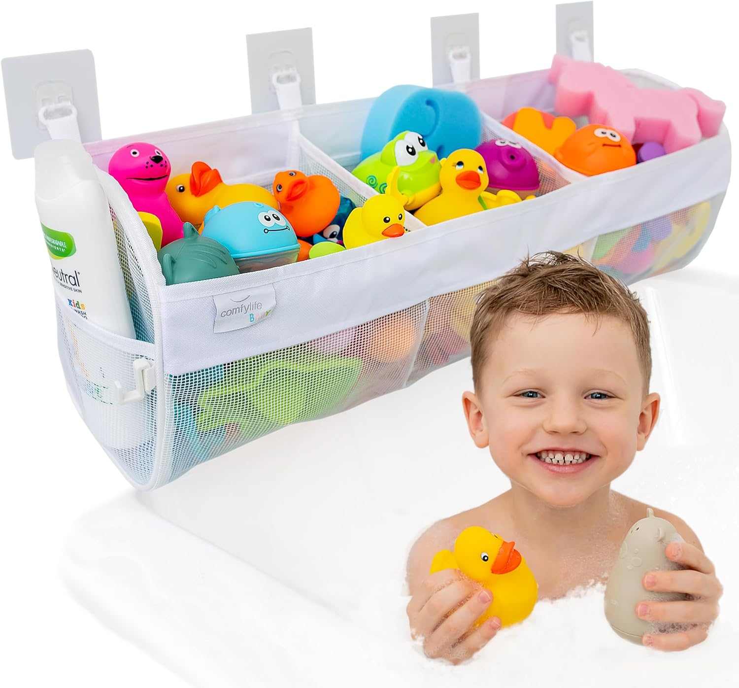 Large Bath Toy Organizer – 3 Compartment Bath Toy Holder for Bathtub & Shower – Quick-Dry Mesh with 4 Strong Adhesive Hooks – Kids Toys Storage Net for Bathroom, Shower & Tub