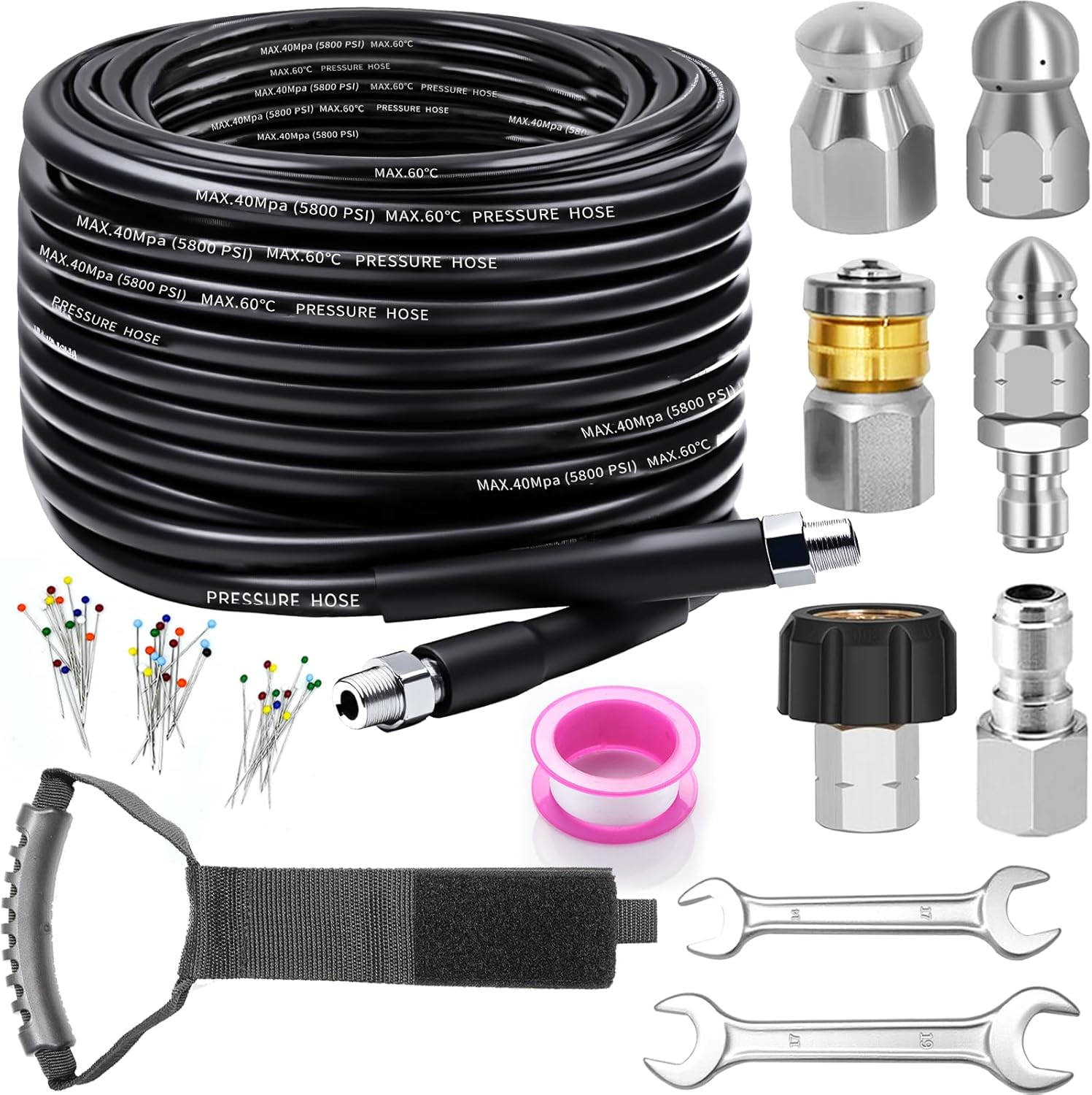 Sewer Jetter Kit for Pressure Washer, 100FT Drain Cleaner Hose 5800PSI with 1/4 Inch NPT Corner, Rotating Nozzle and 4 Different Button Nose Sewer Jet Nozzles, Waterproof Tape and 2 Spanners (Black)