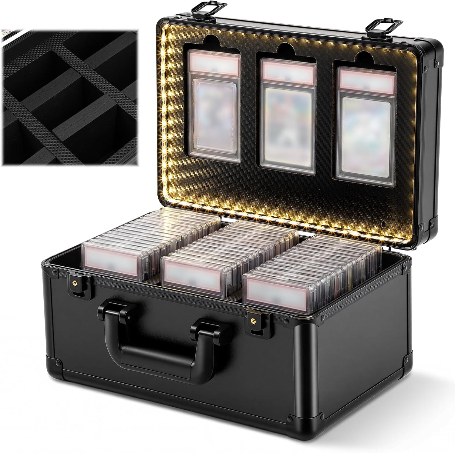 Graded Card Storage Case with LED Display Large Trading Card Slab Storage Box with 8 Adjustable Dividers Lockable Waterproof Magnetic Hard Protective Organizer Case for Baseball Sports Cards