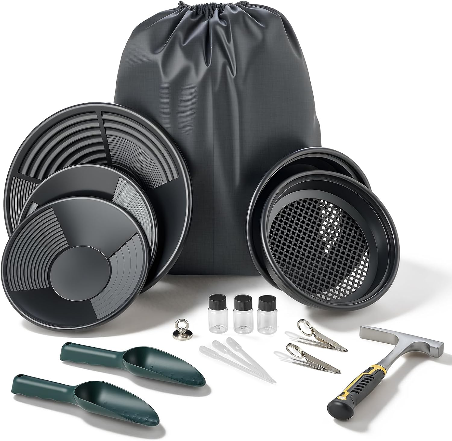 Gold Panning Kit, 10 in and 14 in Pans, 19 PCS Portable Prospecting Equipment Kit with Classifier Sieves, Sand Magnet, Rock Pick, Scoops, Backpack, and Accessories, for Outdoor Gold Recovery