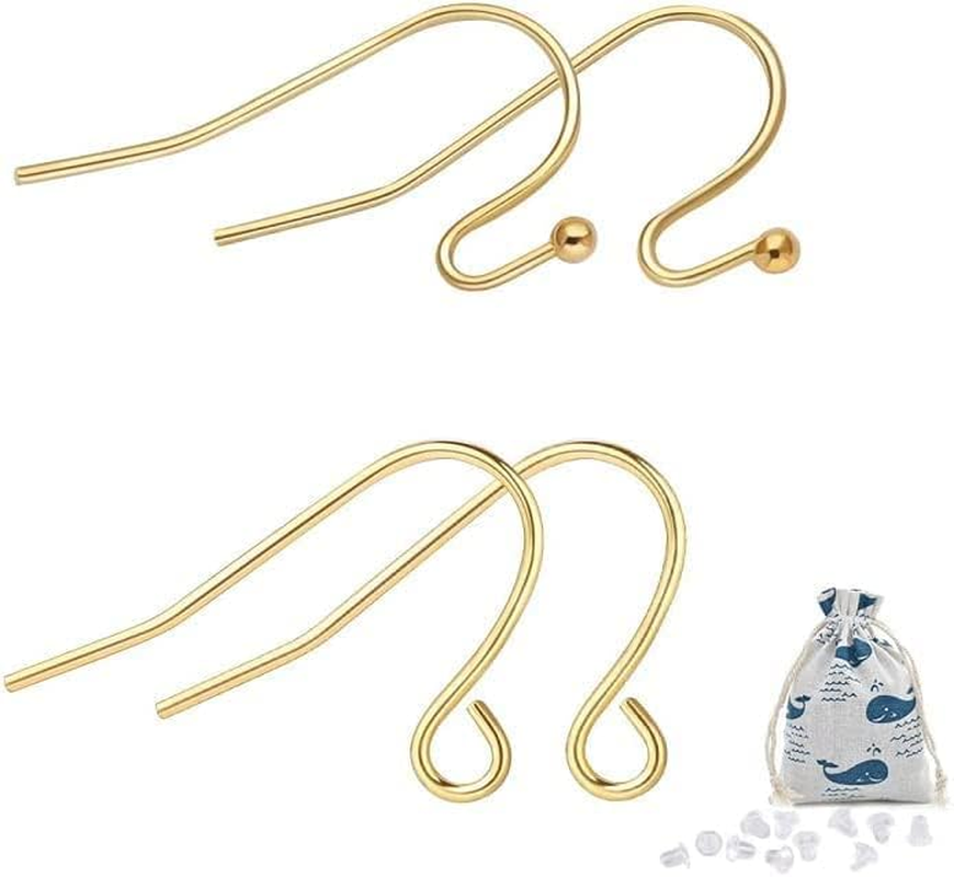 14K Gold Earring Hooks Real Hypoallergenic 100Pcs Ball Dot Ear Wires + Fish Hooks Jewelry Making Supplies Findings with 100Pcs Clear Rubber Earring Backs for DIY Jewely
