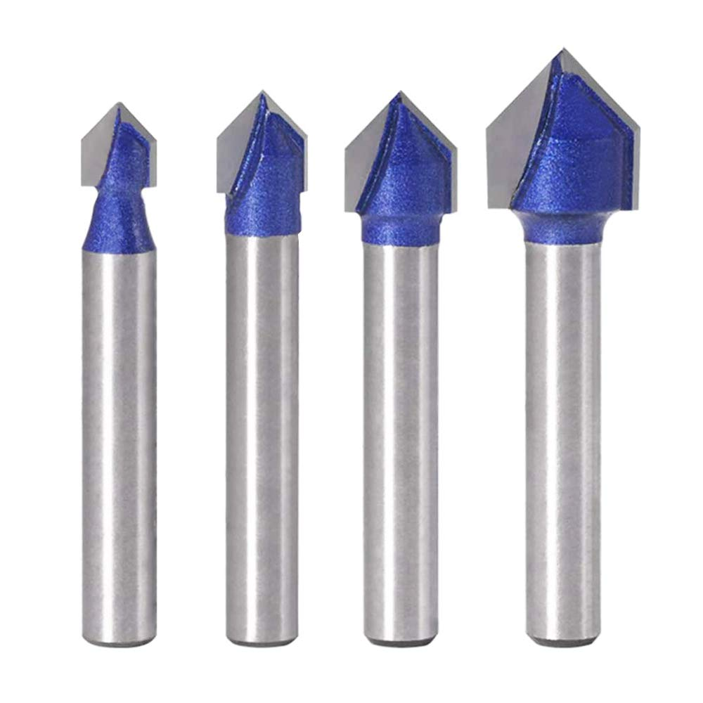 4pcs 90 Degree V Groove Router Bit Set Carbide 1/4 Inch Shank V Cut Rou...
